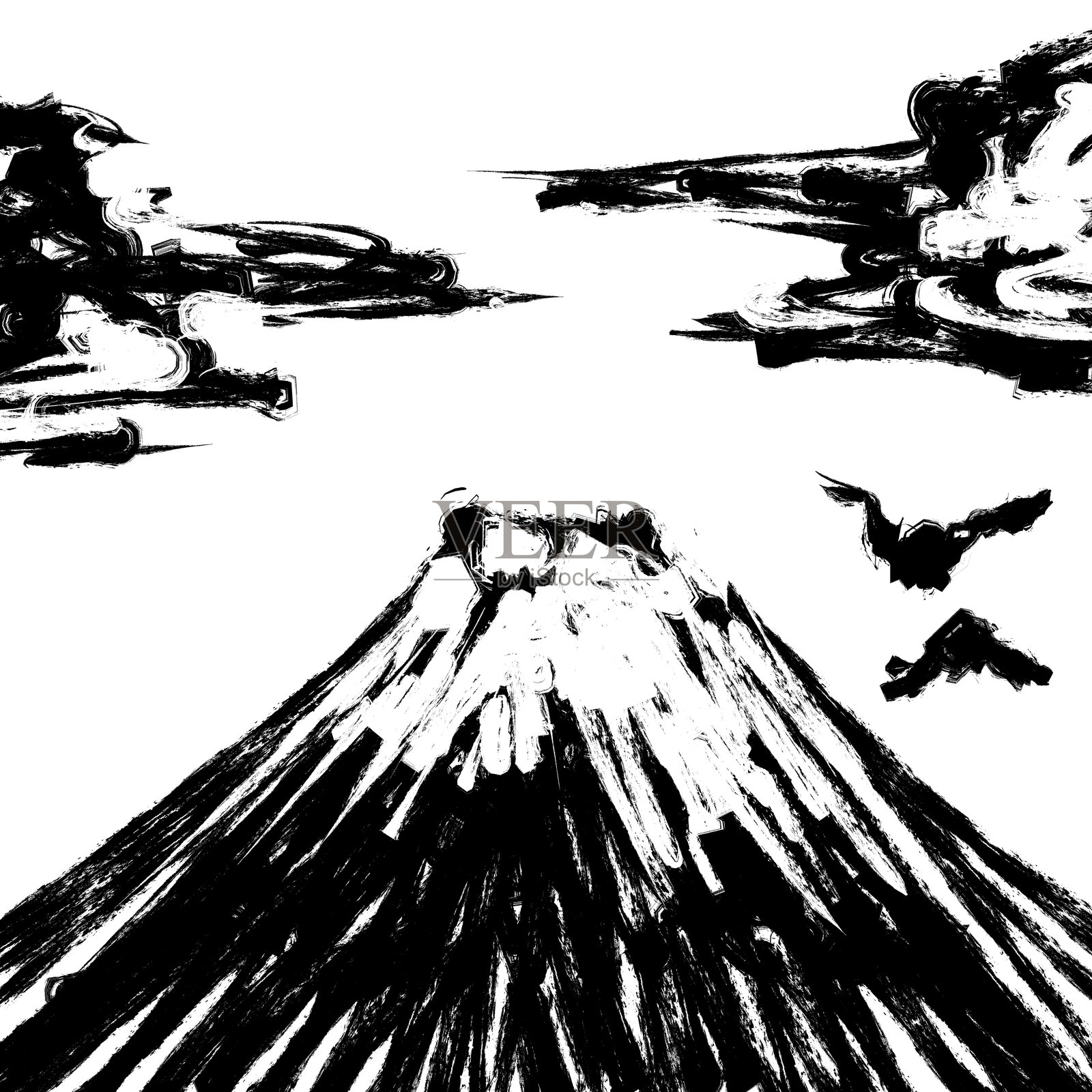 山、云和鸟的水墨画插画图片素材