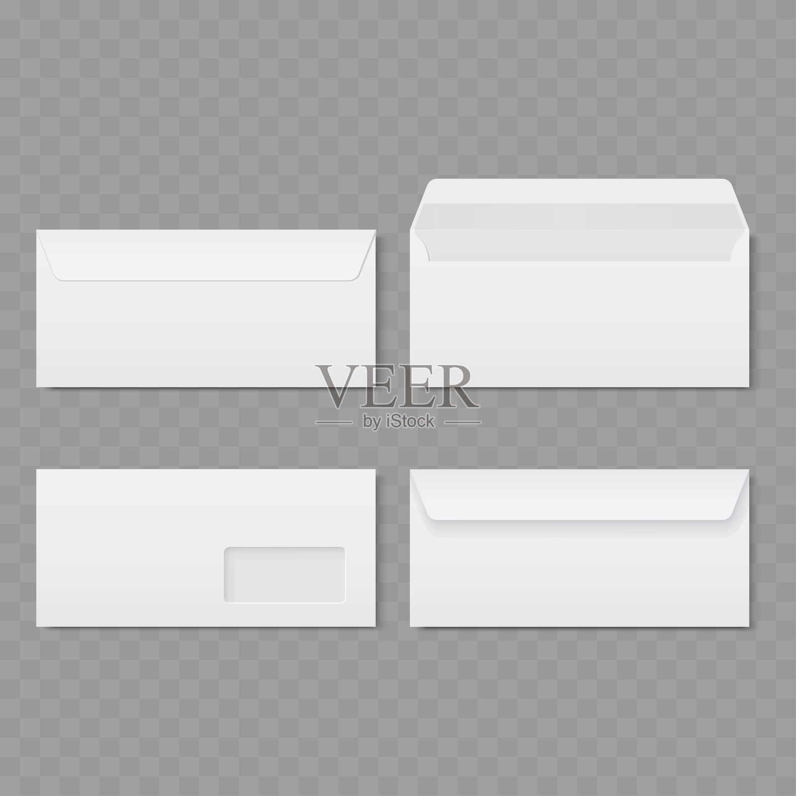逼真的开口、封闭和开窗信封模型套件。矢量图插画图片素材