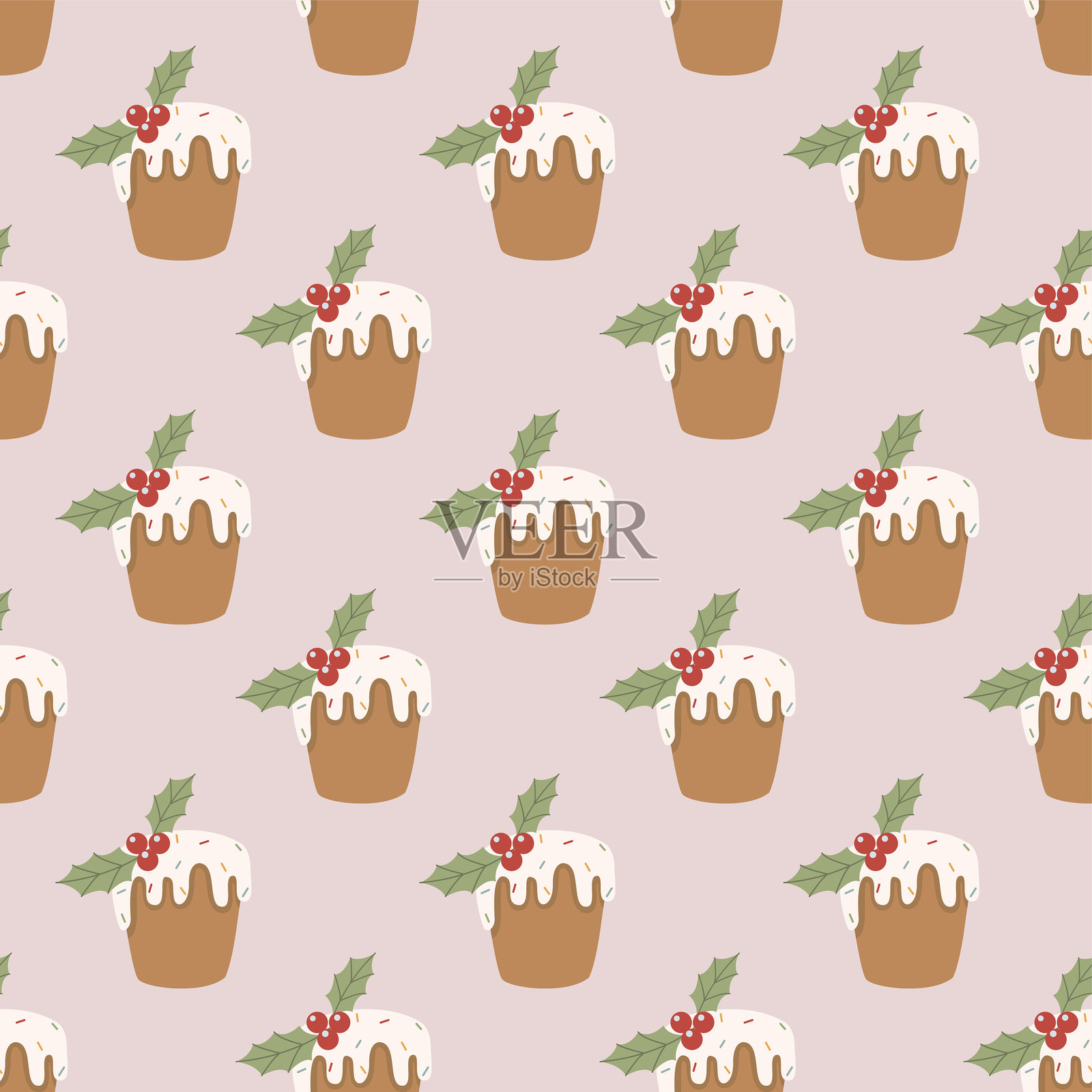 无缝圣诞布丁图案，配有冬青和节日甜点插图，适用于节日设计插画图片素材