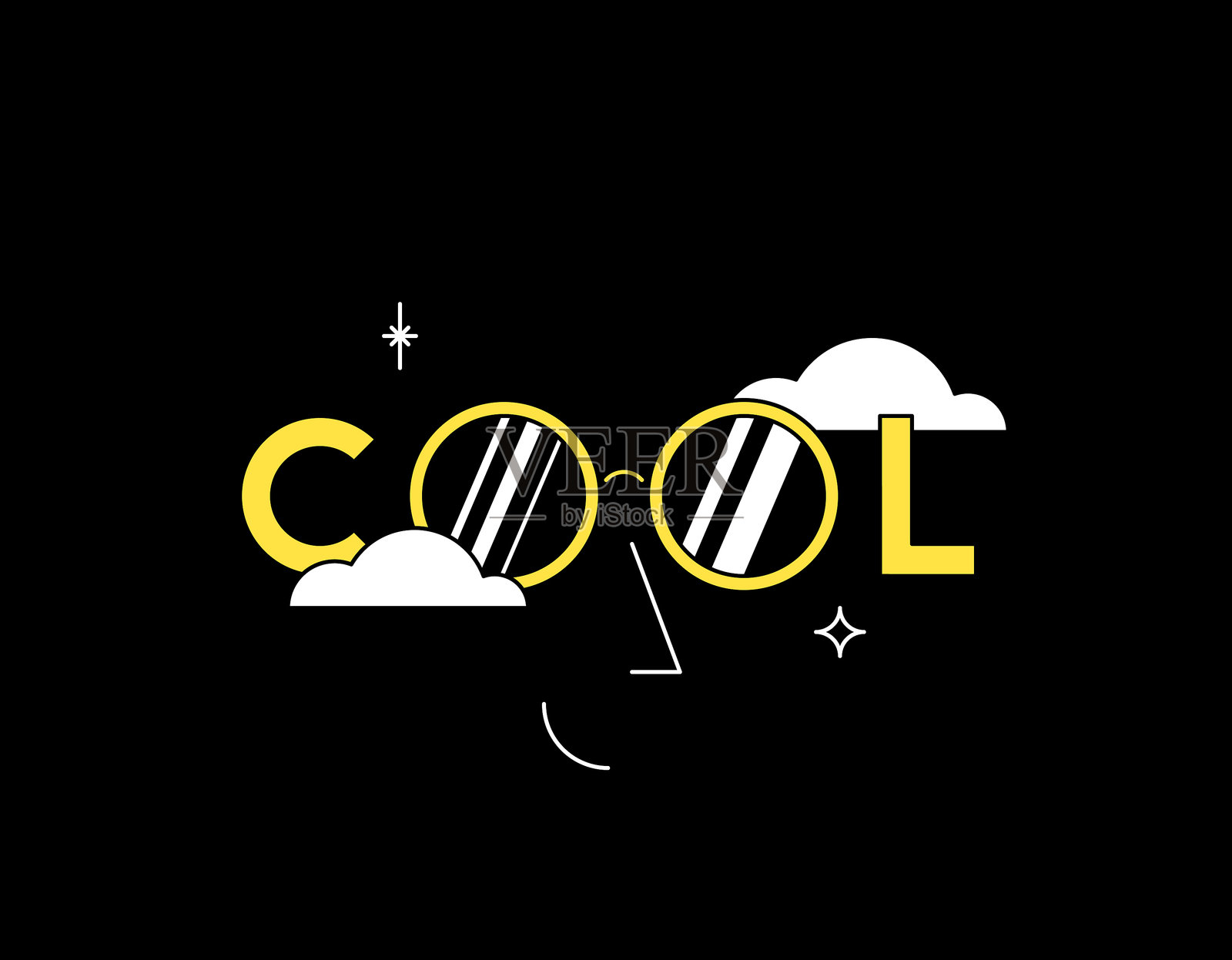 黑色背景上的极简“酷”字母插图，配有太阳镜插画图片素材