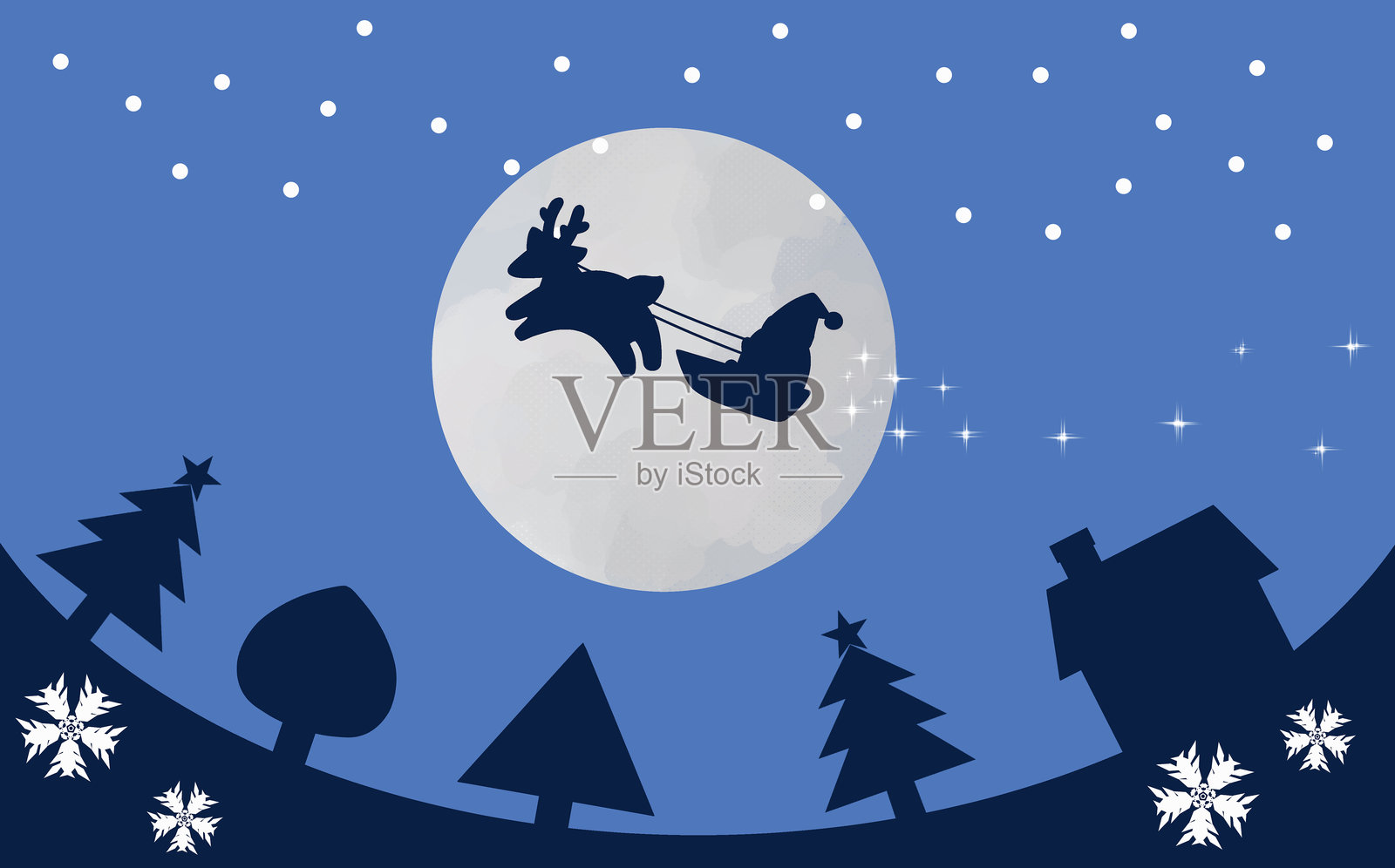 圣诞老人和驯鹿在圣诞夜飞翔于天空中插画图片素材