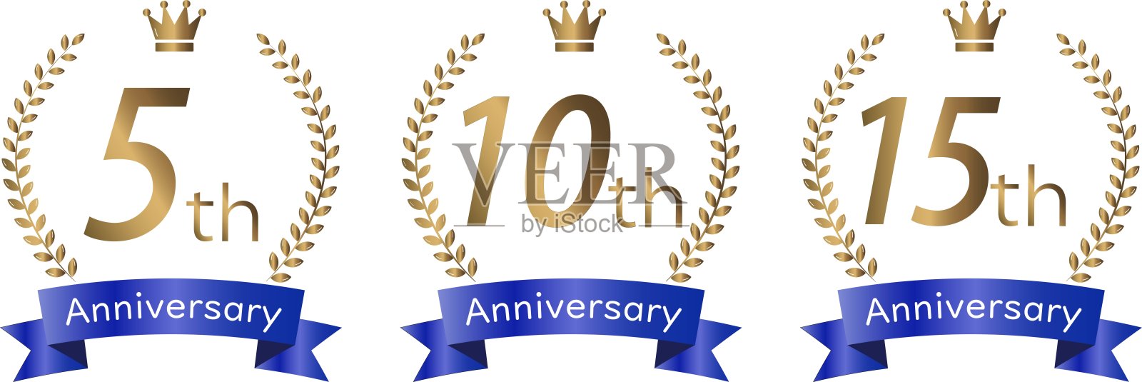 周年纪念徽章套装，包含金色王冠、月桂花环和蓝色丝带，适用于第五、十和十五周年庆祝活动插画图片素材