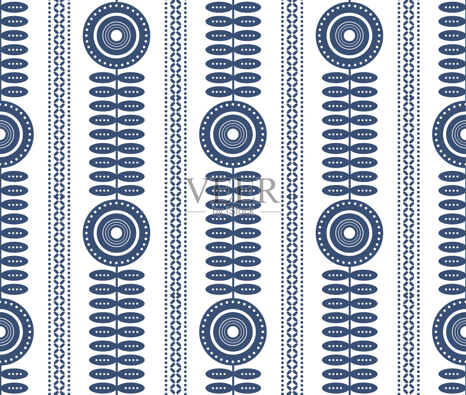 奶油色和灰蓝色的花卉植物几何民族条纹无缝图案，矢量插图重复设计印刷插画图片素材
