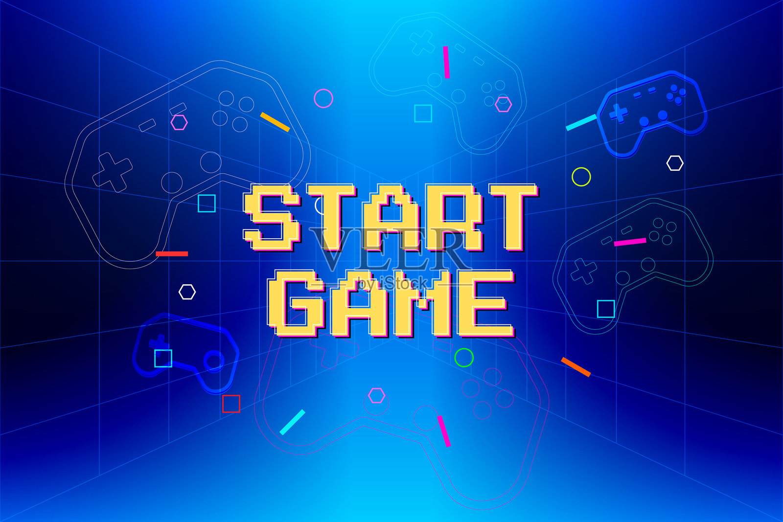 开始游戏。像素艺术。8位游戏。复古未来主义科幻背景。发光的霓虹网格和来自复古街机电脑游戏的星星。插画图片素材