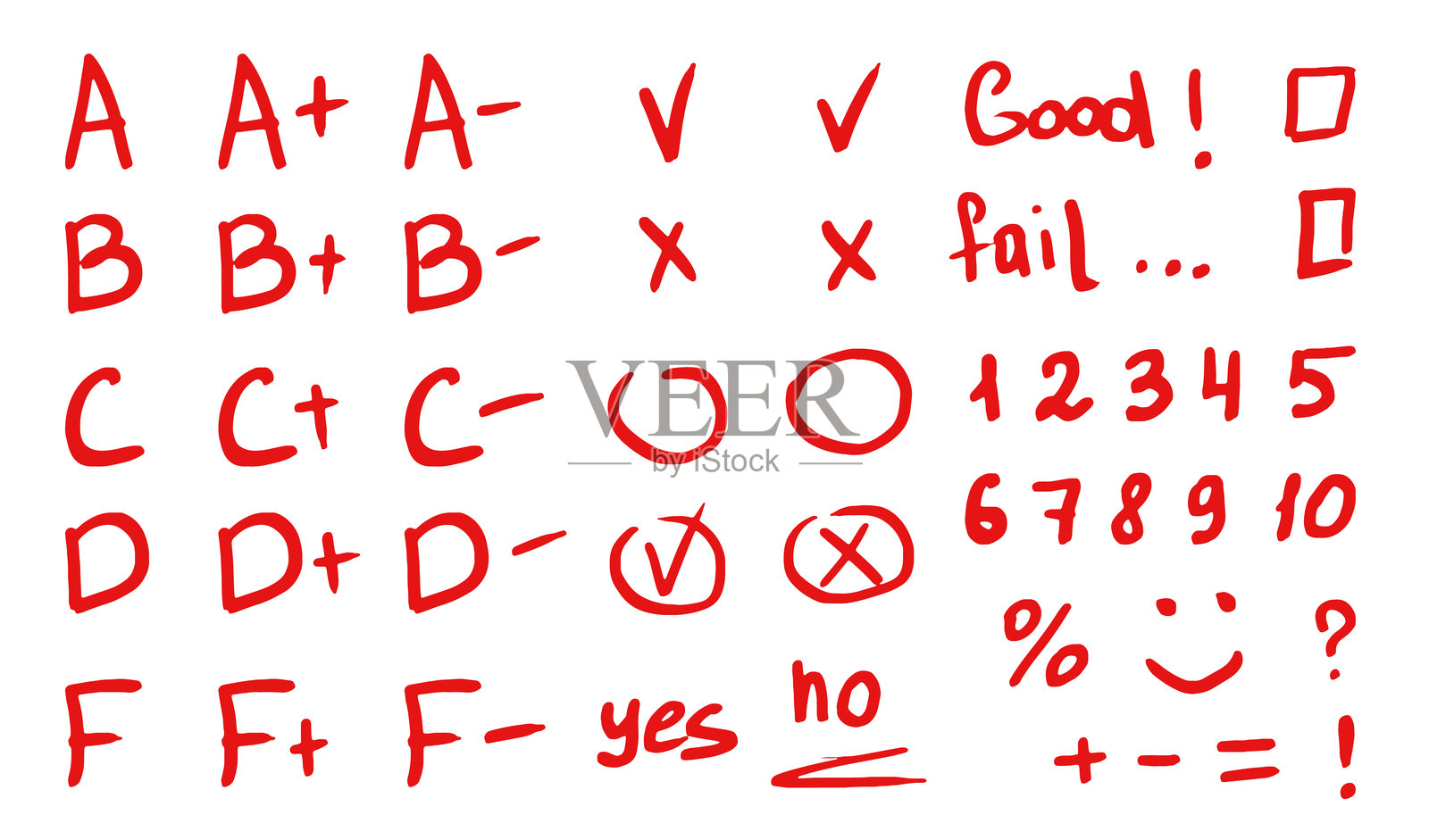 手写的学校成绩、符号和数字插画图片素材