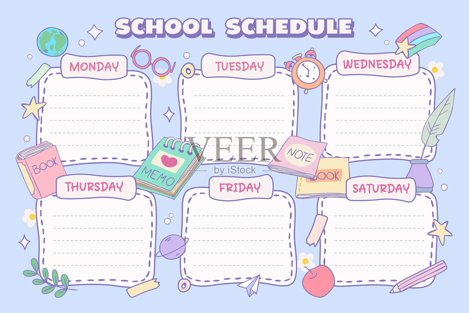 学校日程表蓝色横向模板空白，周计划，日程，时间表，教育，卡哇伊矢量插图插画图片素材