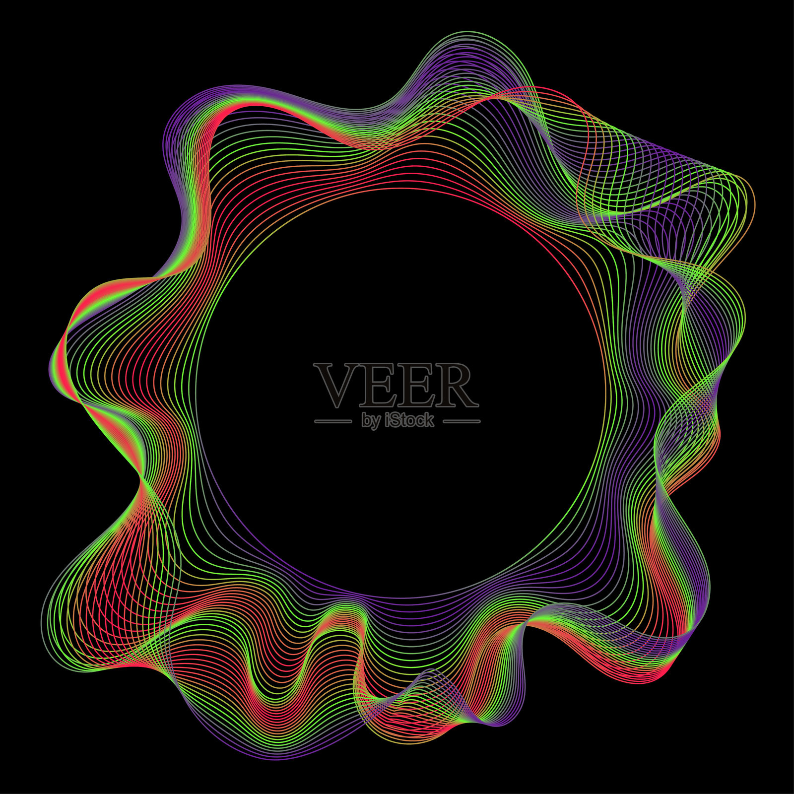 黑色背景上的抽象霓虹波浪线框。色彩斑斓的声波或数字音乐图形。未来派和现代科技插图。插画图片素材
