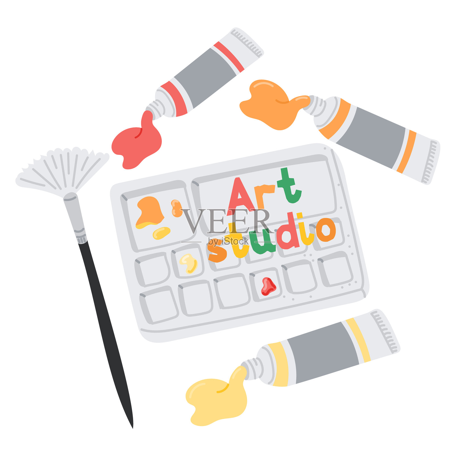 艺术工作室场景，旁边有颜料管、五彩调色板和画笔，以及手写文字插画图片素材