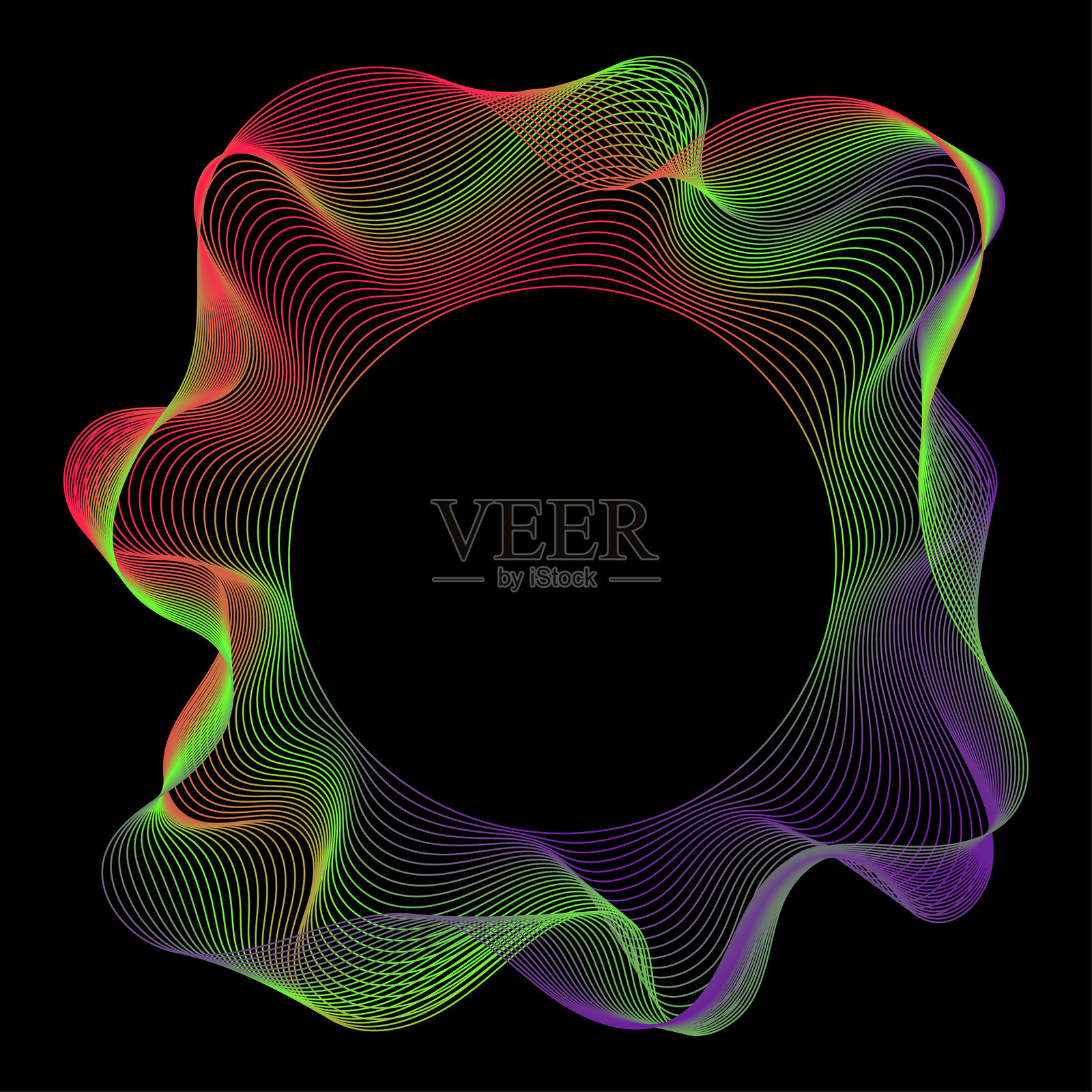 黑色背景上的抽象霓虹波浪线框。色彩斑斓的声波或数字音乐图形。未来派和现代科技插图。插画图片素材