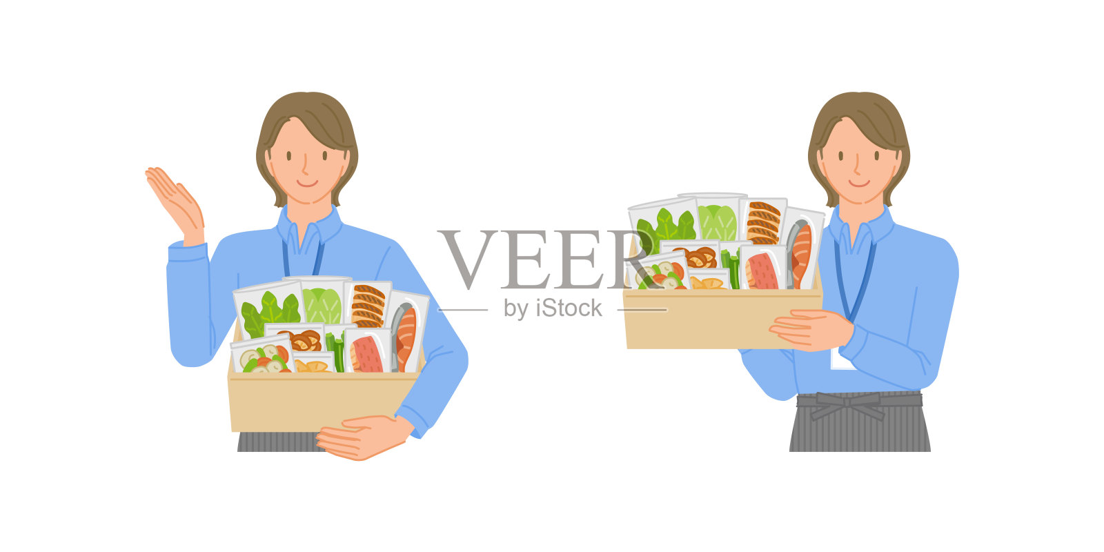 一组微笑的女性送餐员手持餐盒插画图片素材