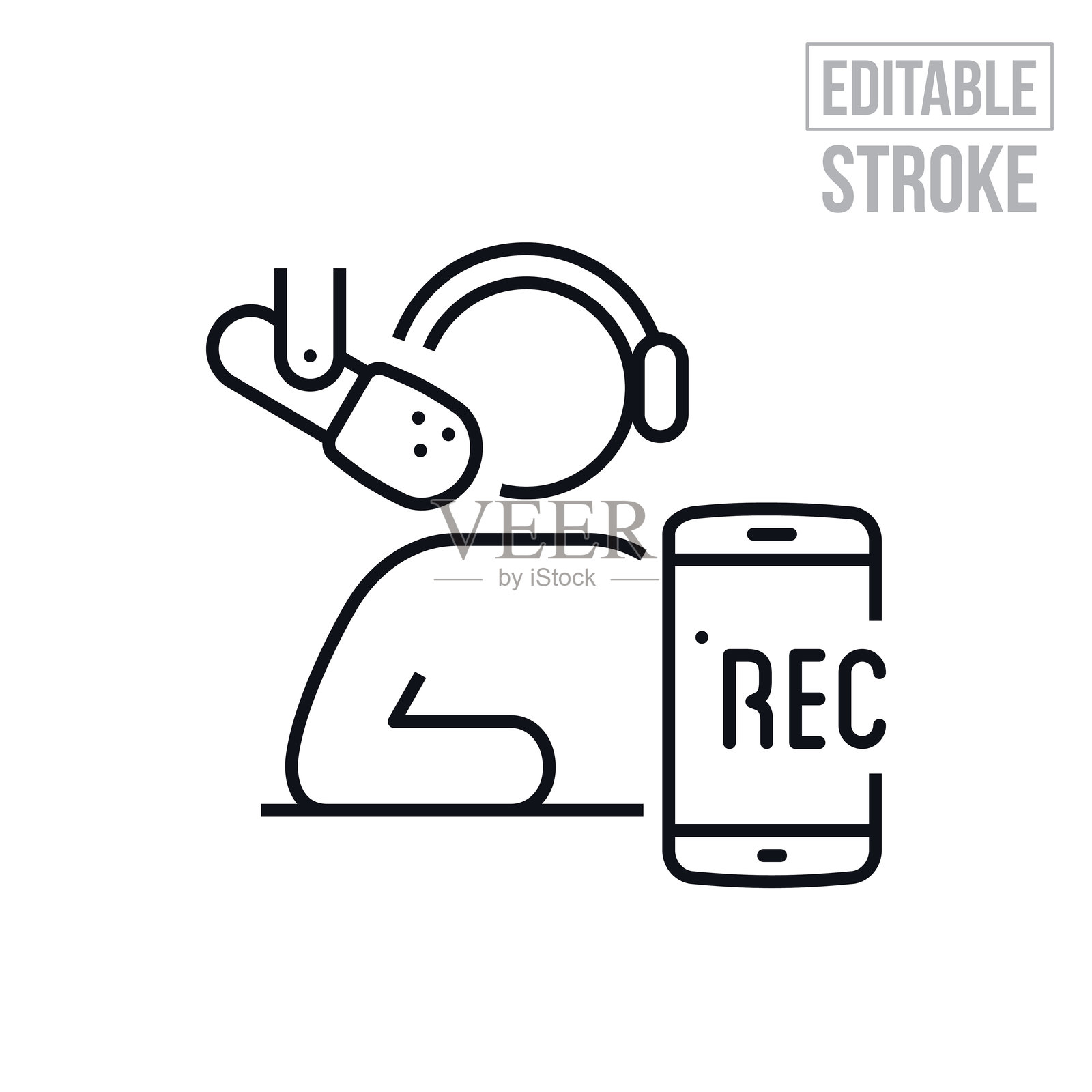使用手机录制播客的人 细线图标 - 可编辑的线条插画图片素材