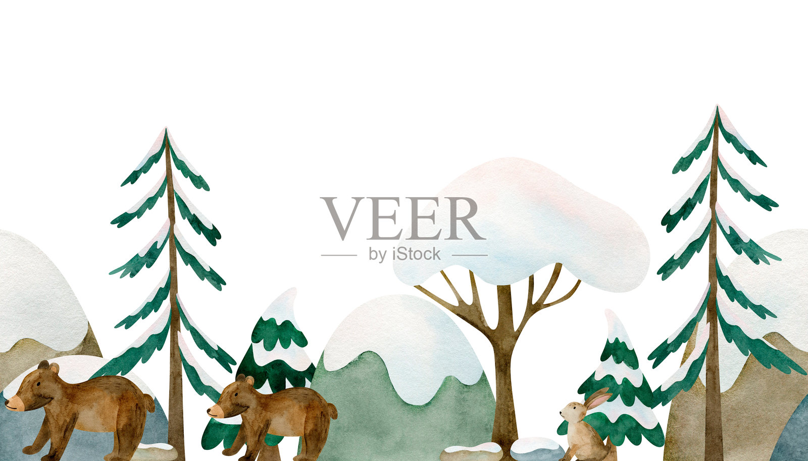 无缝儿童边框，包含冷杉树、山脉和动物。插画图片素材