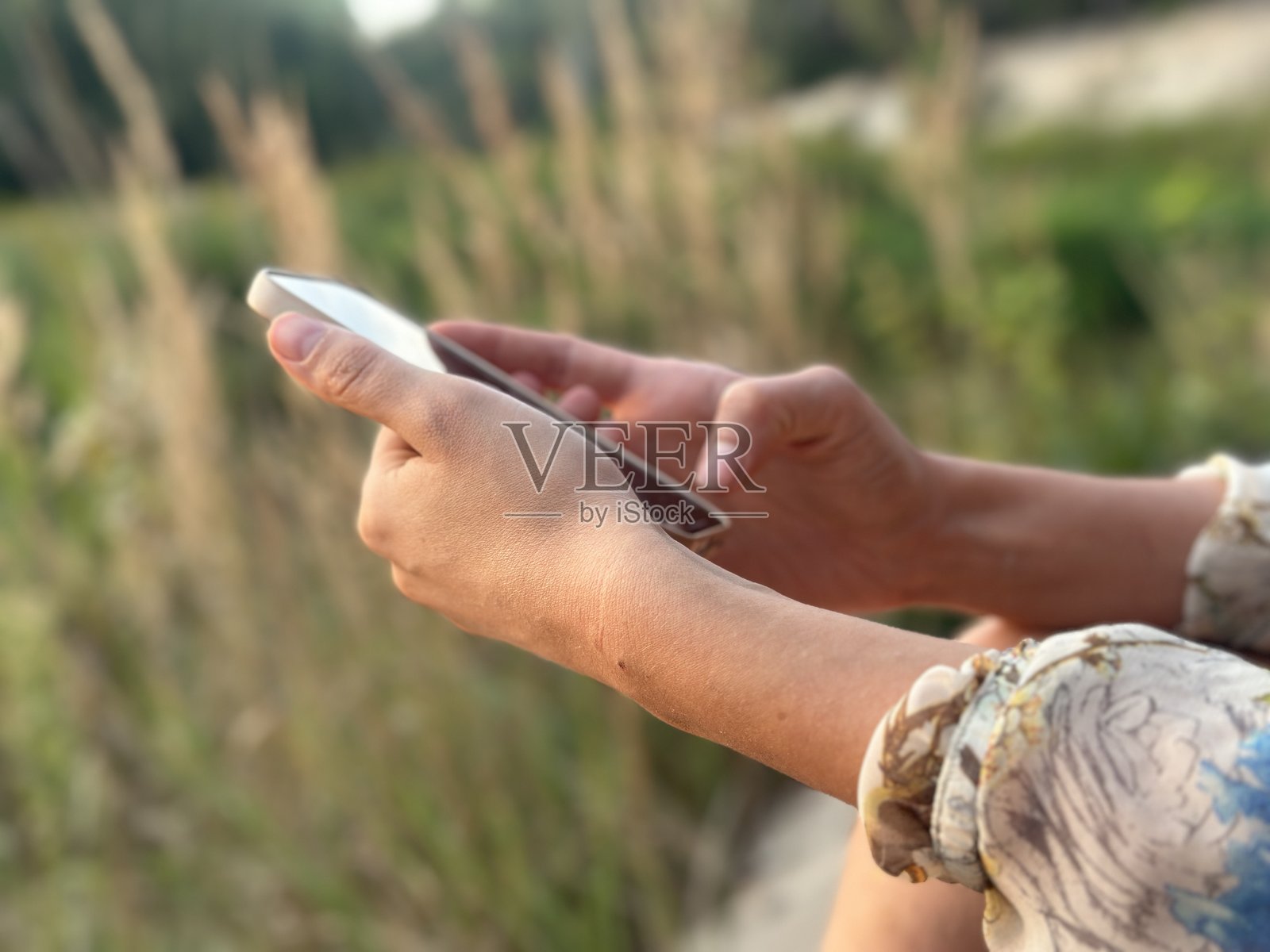 在向日葵田野中，手握手机，现代科技与乡村自然融为一体。照片摄影图片