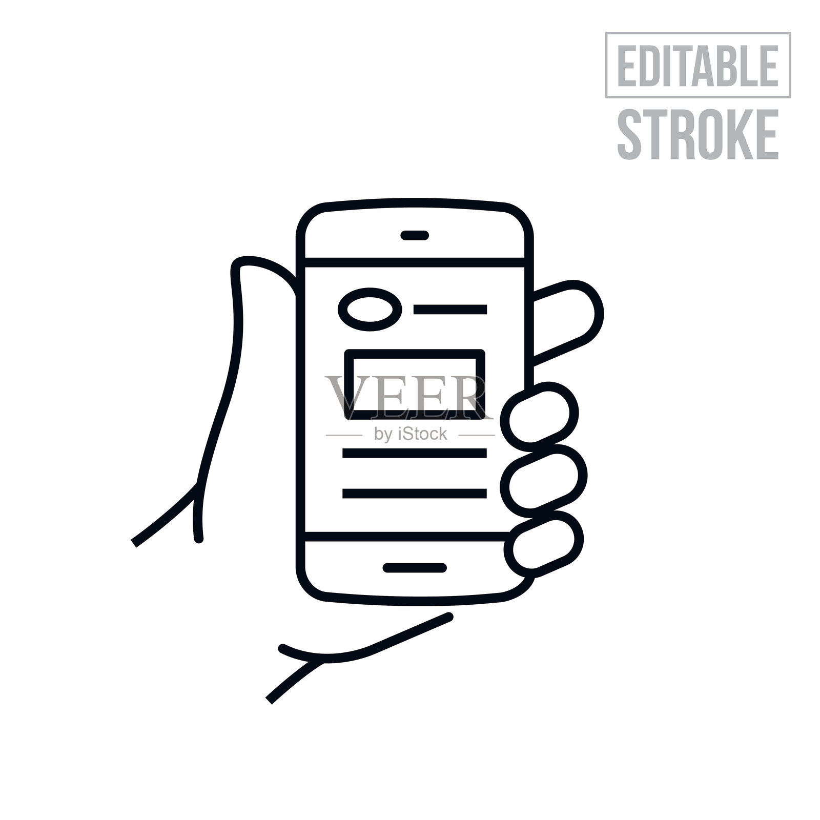 手握智能手机，屏幕上显示网站的细线图标 - 可编辑的线条插画图片素材