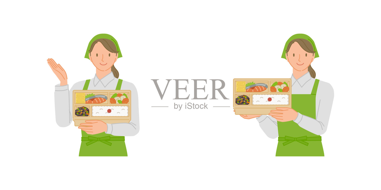 一组微笑的外卖女员工手持午餐盒插画图片素材