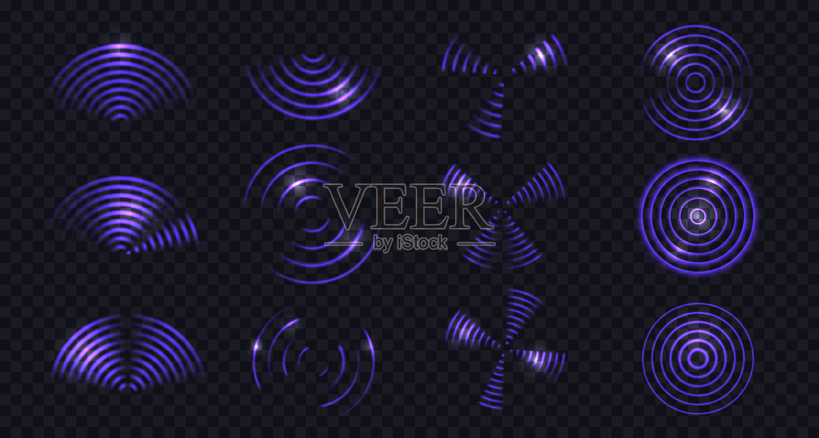 一组紫色的无线网络波或雷达传感器。插画图片素材