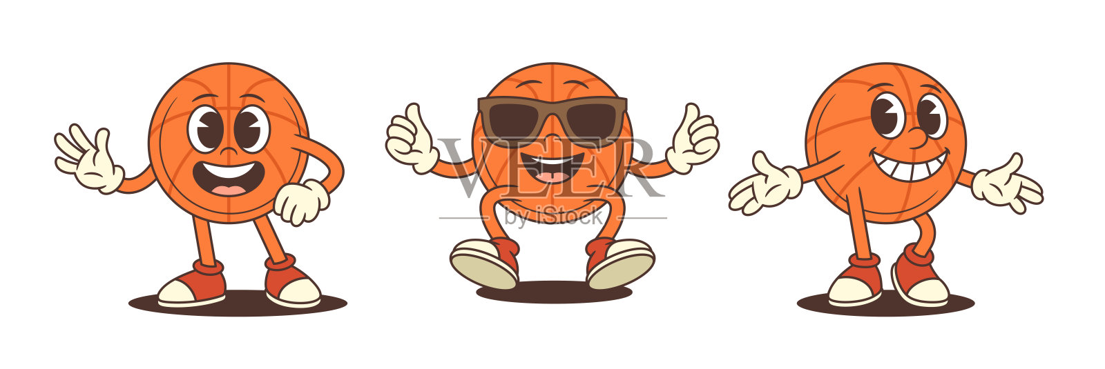 活泼快乐的篮球吉祥物，坐着挥手，戴着酷炫的太阳镜，充满活力和友好，运动矢量插图插画图片素材