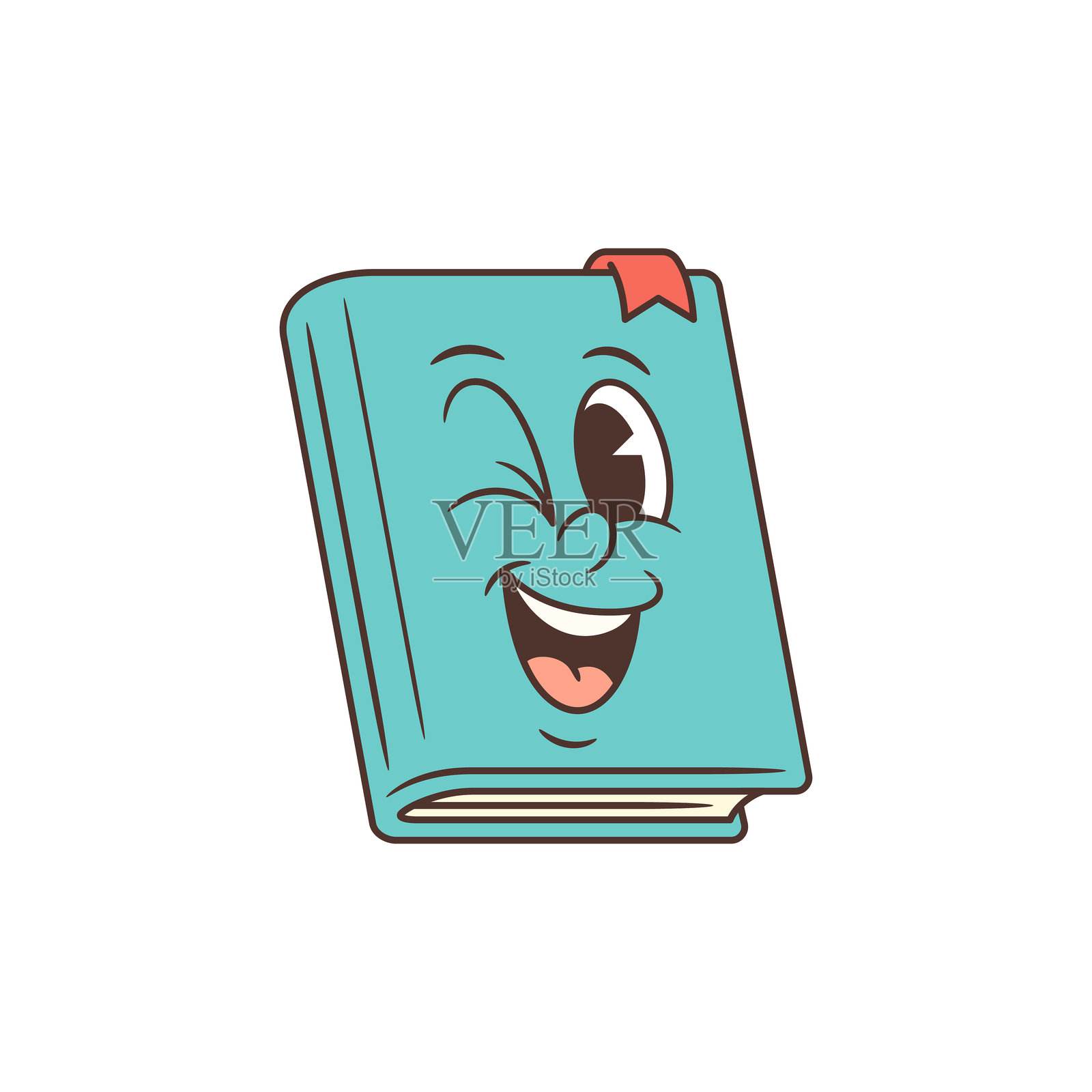 活泼愉快的浅蓝色教科书吉祥物，带有眨眼的眼睛和红色书签的矢量插图插画图片素材