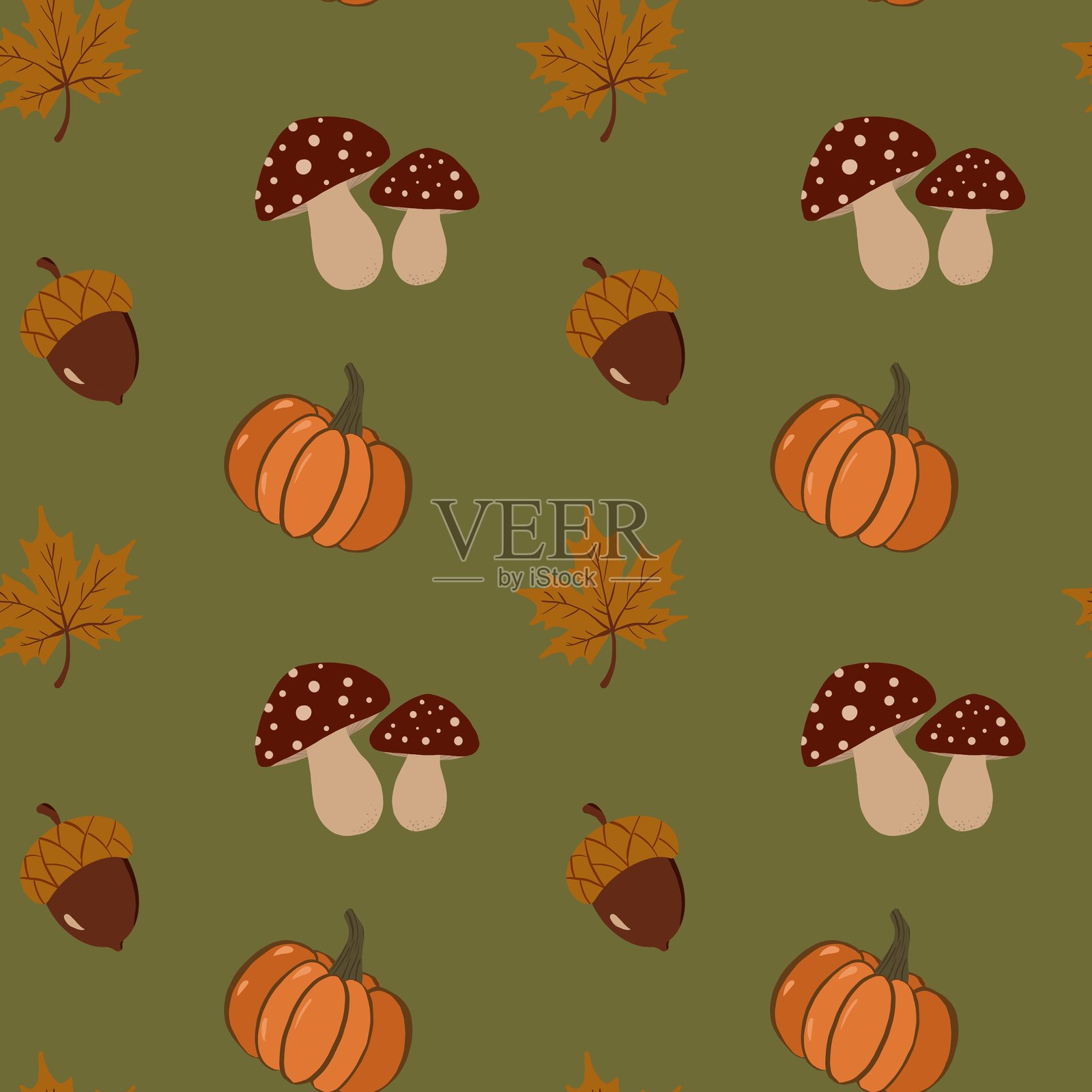 温馨的无缝秋季图案，包含秋叶、南瓜、橡果、热饮、蜡烛、围巾、毛毯、蘑菇和季节氛围插画图片素材