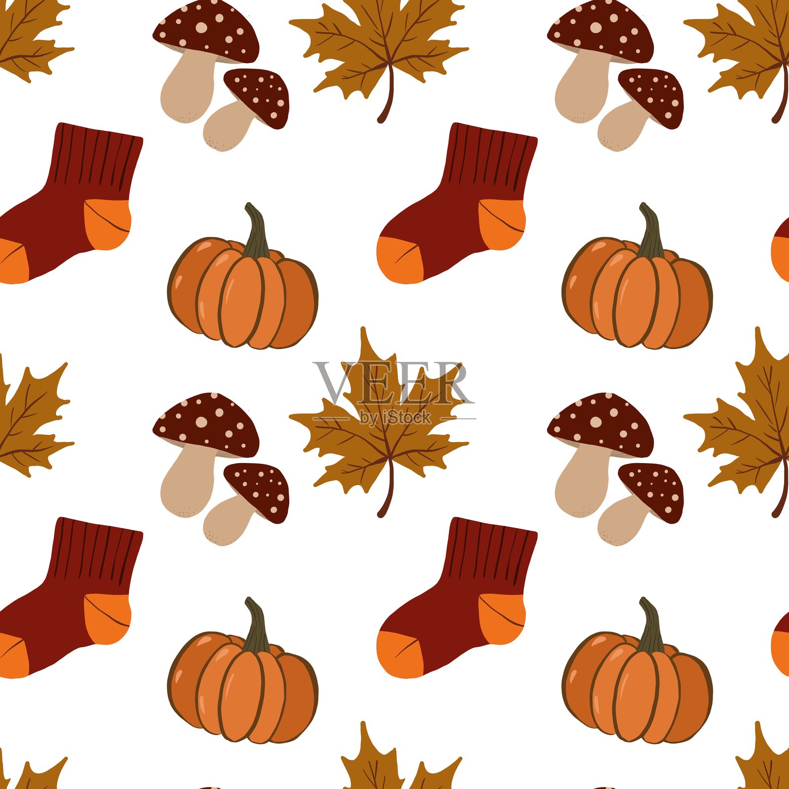 温馨的无缝秋季图案，包含秋天的树叶、南瓜、橡果、热饮、蜡烛、围巾、毛毯、蘑菇和季节氛围插画图片素材