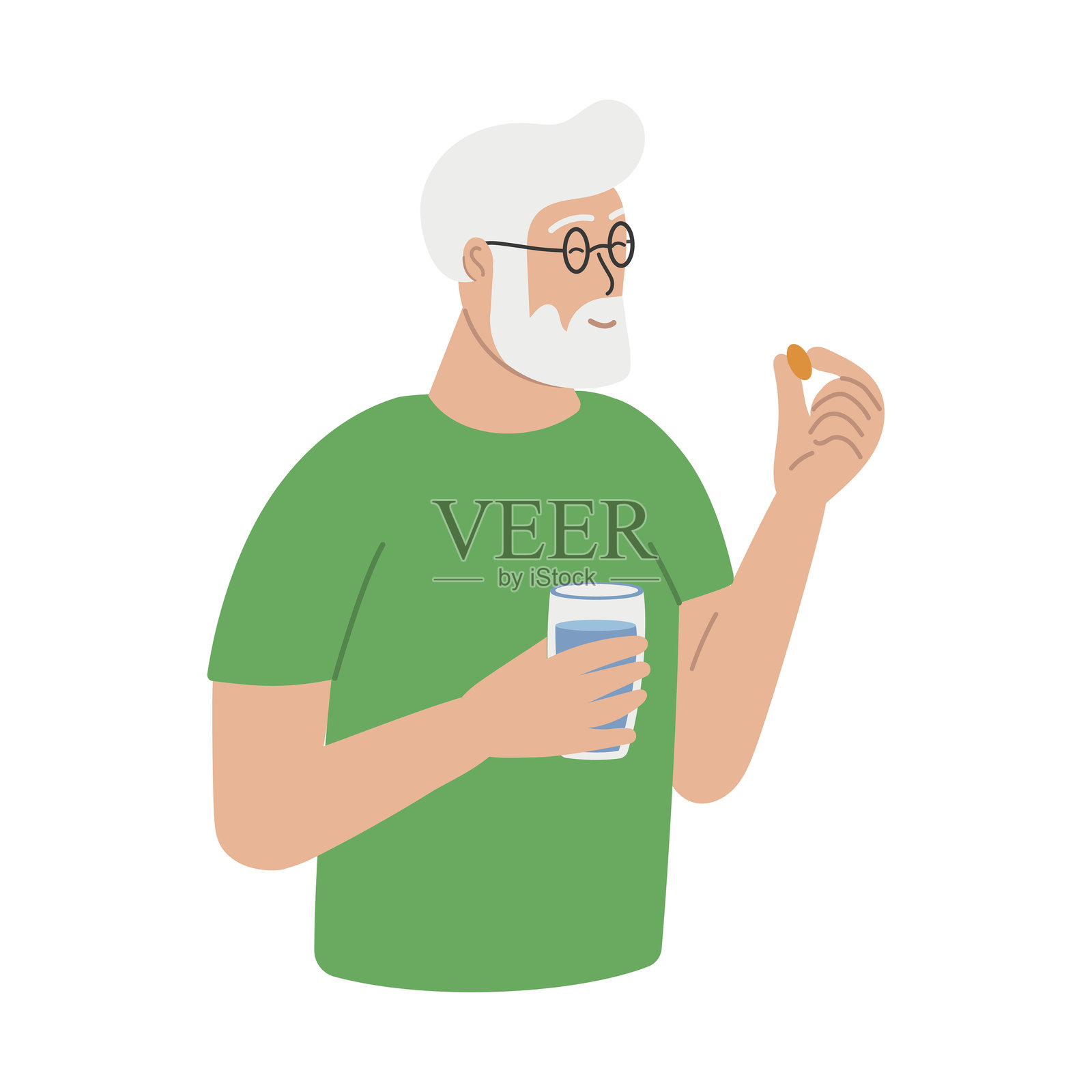 老年男子在白色背景下服用维生素或药物插画图片素材
