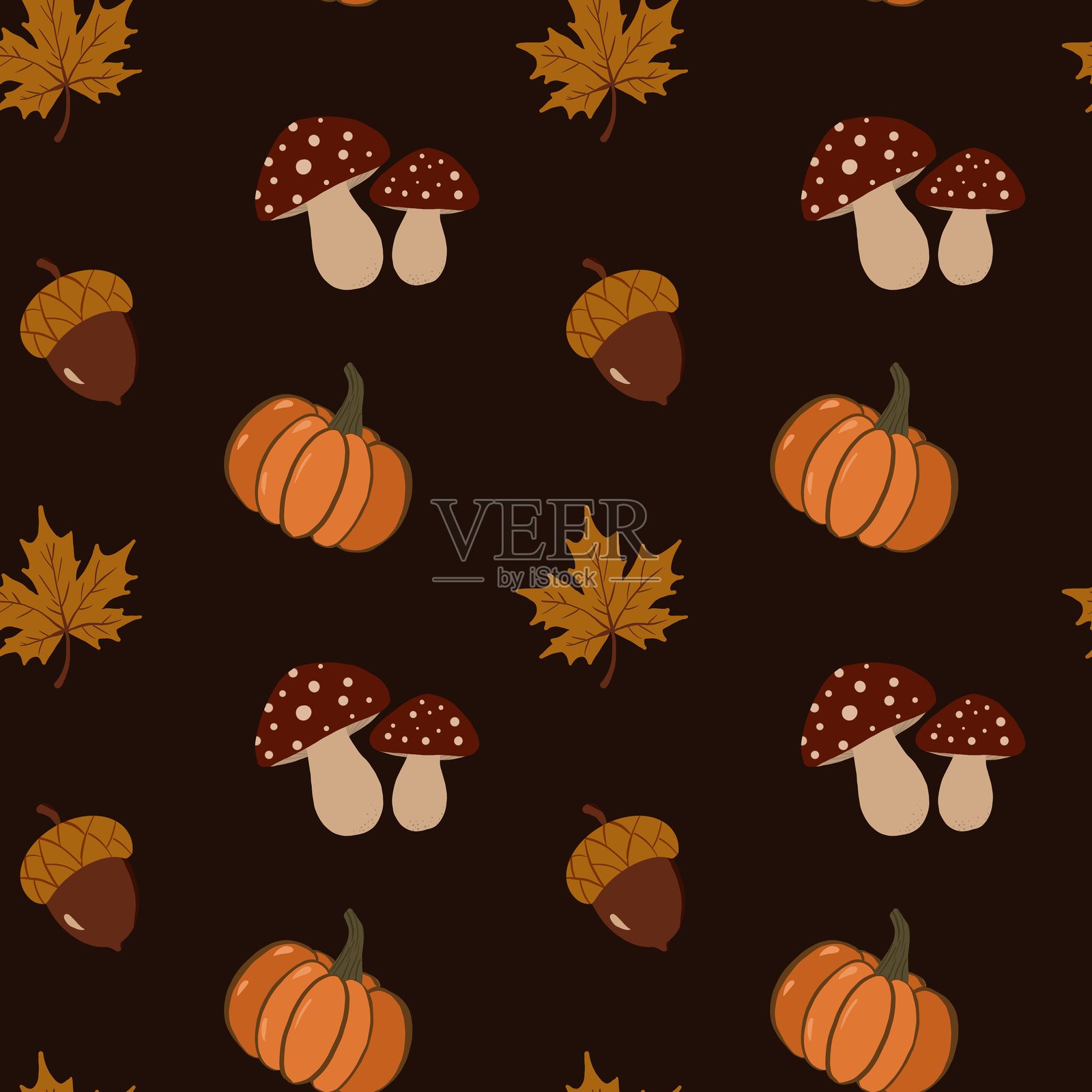 温馨的无缝秋季图案，包含秋叶、南瓜、橡果、热饮、蜡烛、围巾、毛毯、蘑菇和季节氛围插画图片素材