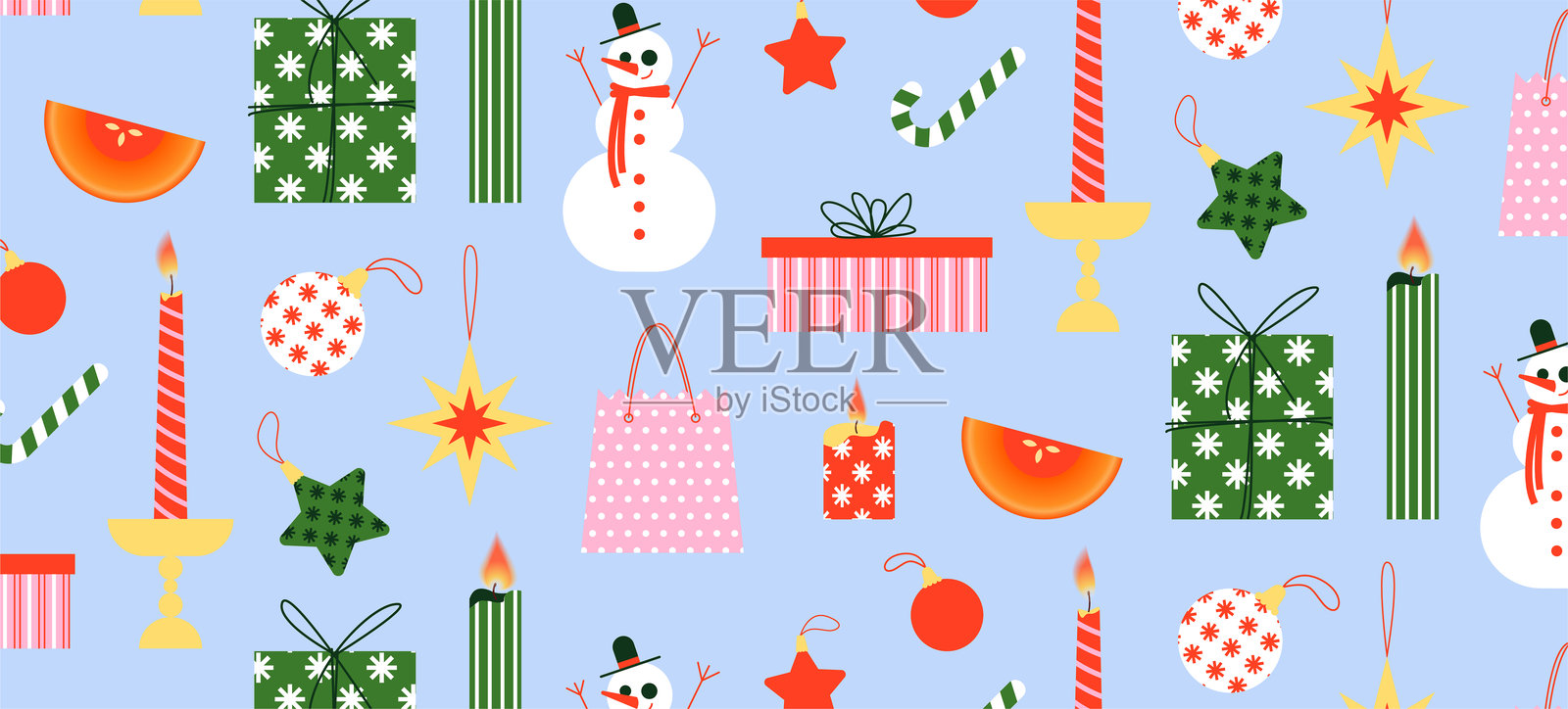 圣诞新年2026无缝图案的矢量插图，包含雪人、蜡烛、球饰、星星装饰、糖果手杖和礼物插画图片素材