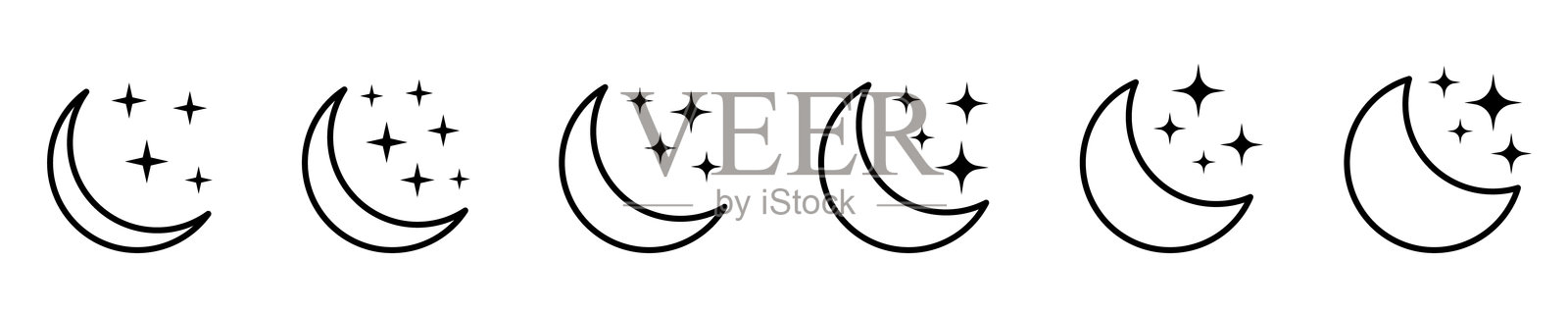 一组轮廓月牙图标集合，带有闪烁的星星和月亮图标。半月与星星。夜间或黑暗模式符号。插画图片素材