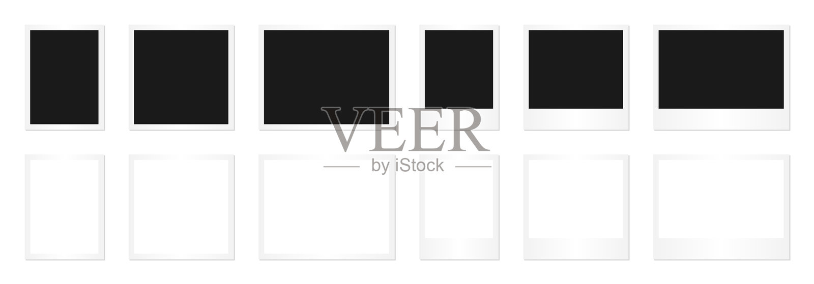 各种方向的黑色占位波拉罗伊德照片框集合，带有白色边框，设计用于剪贴簿模型、复古拼贴布局、摄影记忆档案或怀旧装饰。插画图片素材