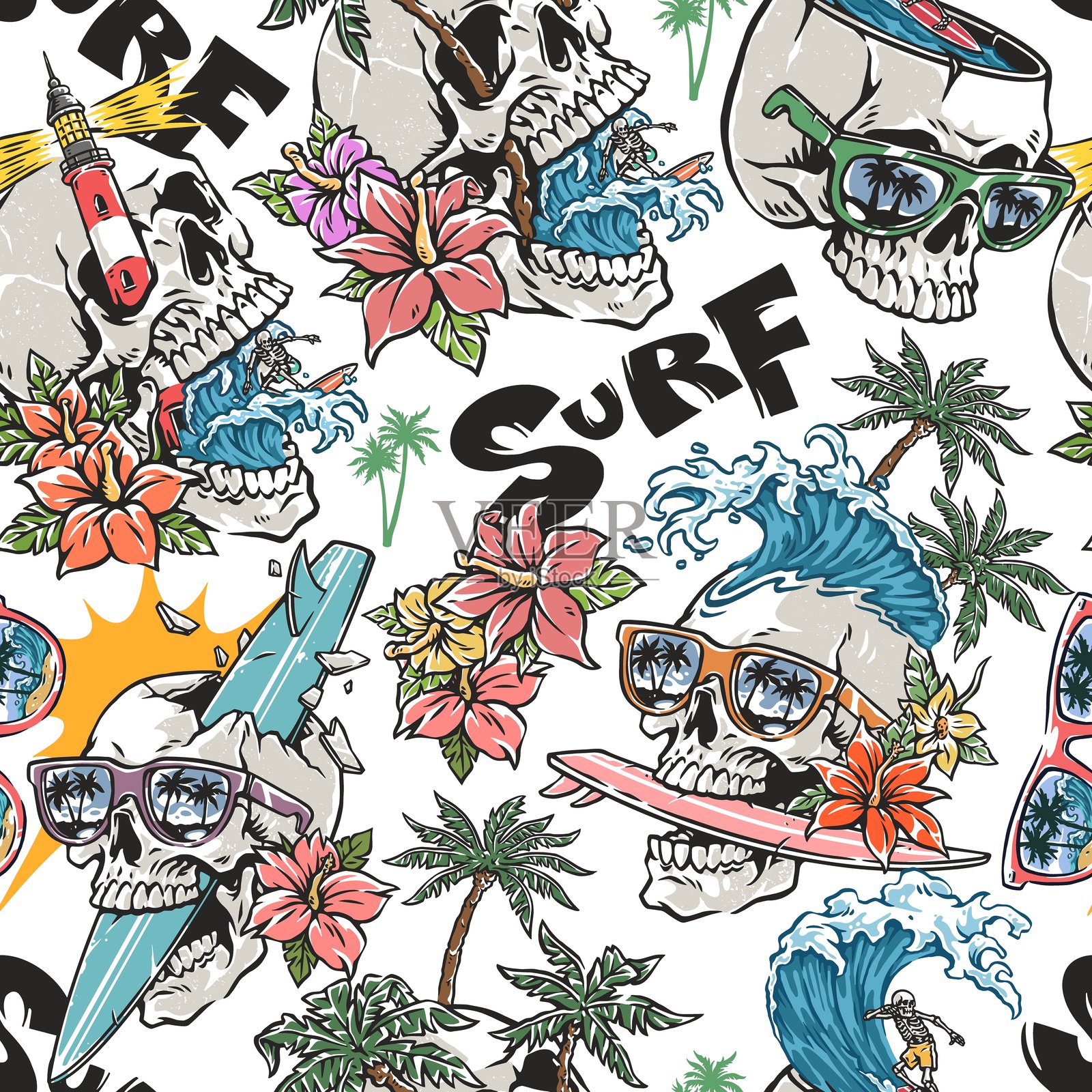 以骷髅和海浪为主题的冲浪艺术作品插画图片素材