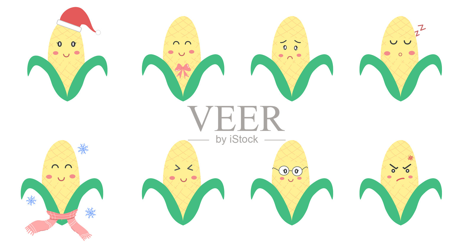 可爱的卡哇伊蔬菜玉米卡通插图集，柔和色彩，微笑表情角色插画图片素材