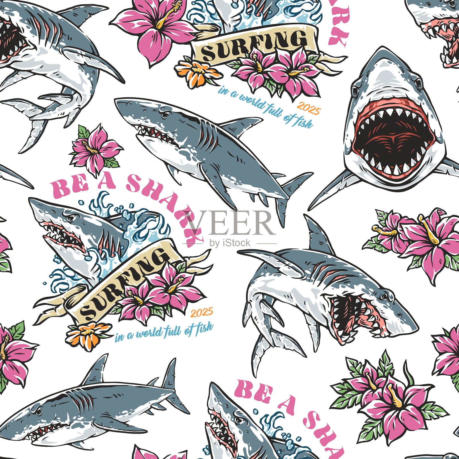 鲨鱼与热带花卉冲浪设计插画图片素材