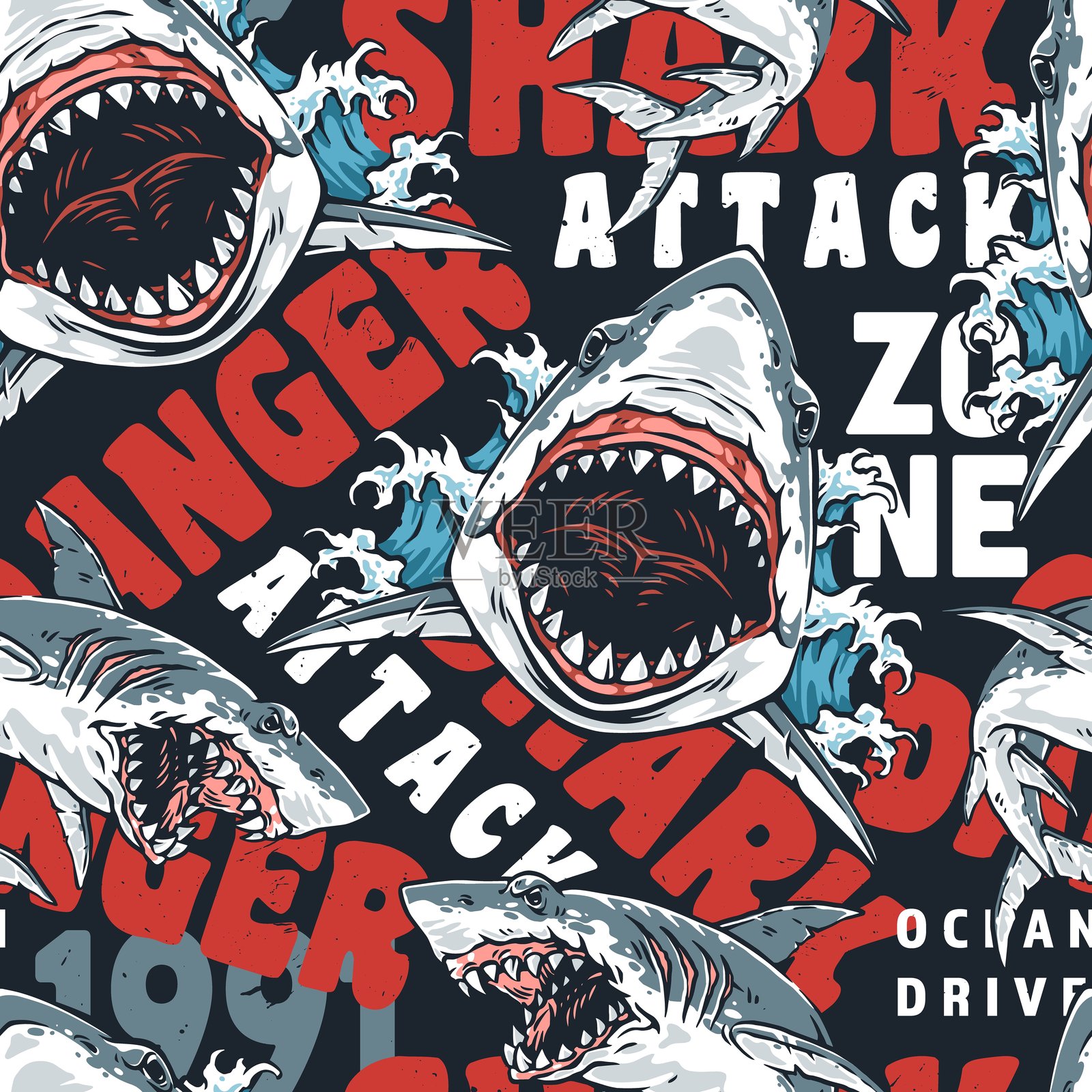 海滩附近的鲨鱼冲浪比赛插画图片素材