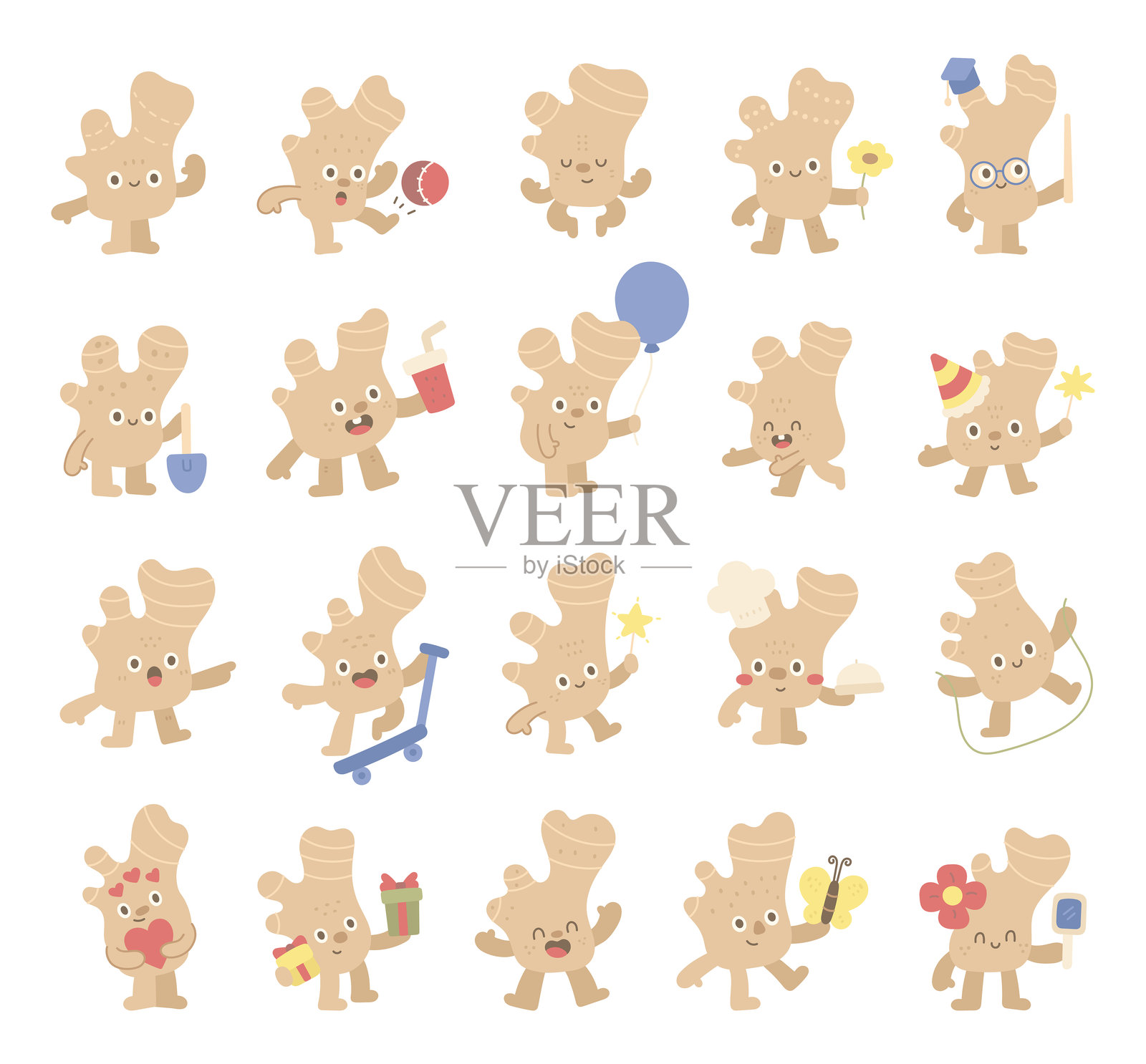 姜根角色以斯堪的纳维亚风格呈现，采用不同的卡通姿势，手持花朵、镜子、礼物、气球、外卖杯，并佩戴毕业帽和厨师帽。插画图片素材