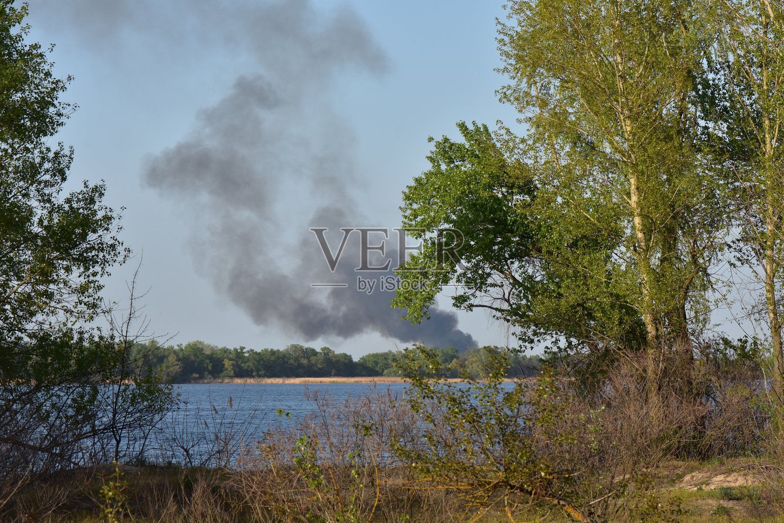 春天湖边火灾冒出的烟雾照片摄影图片