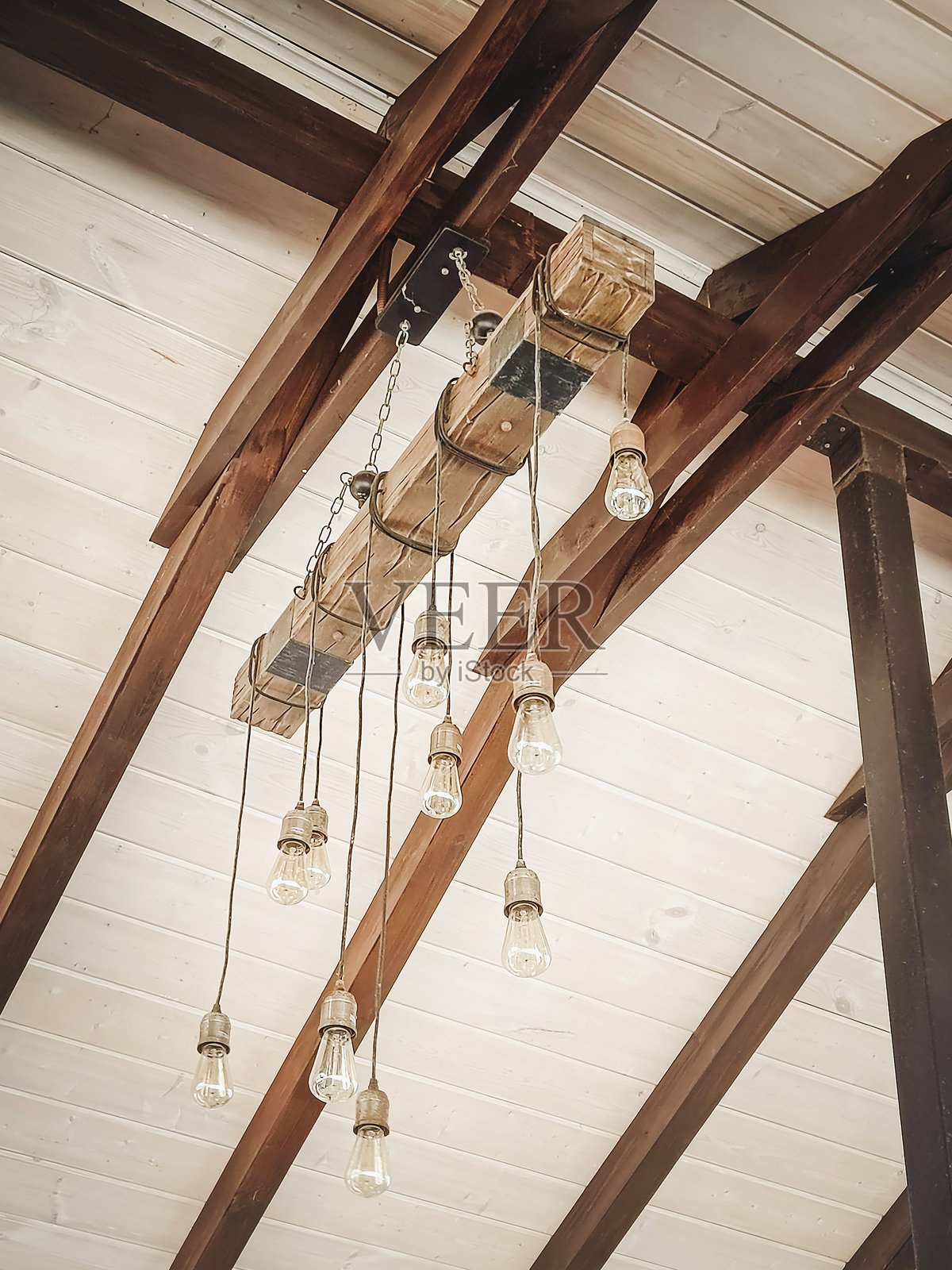 复古吊灯悬挂在木梁天花板上。特写，竖版照片。照片摄影图片