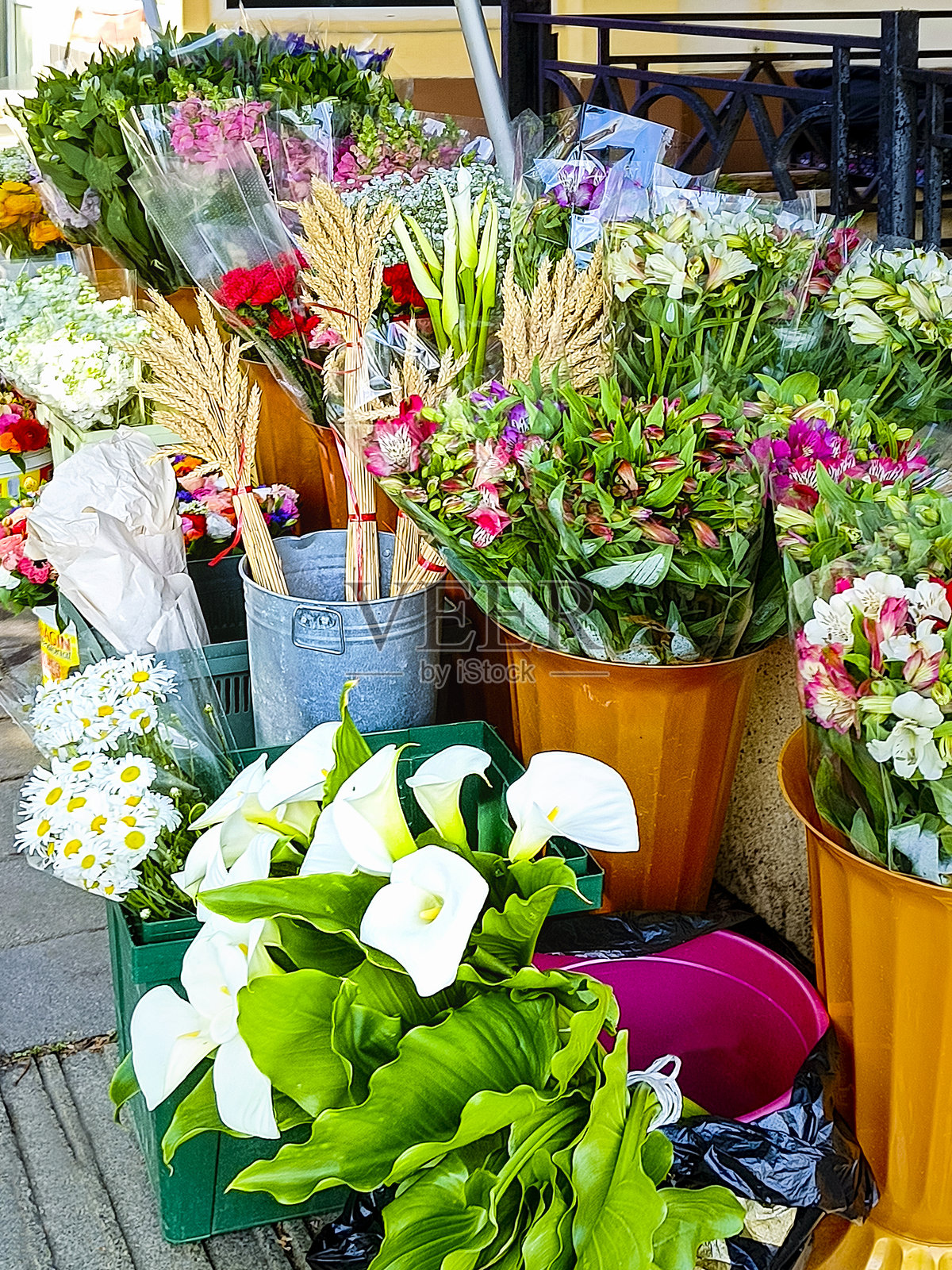 街上出售许多不同的花。竖版照片。照片摄影图片