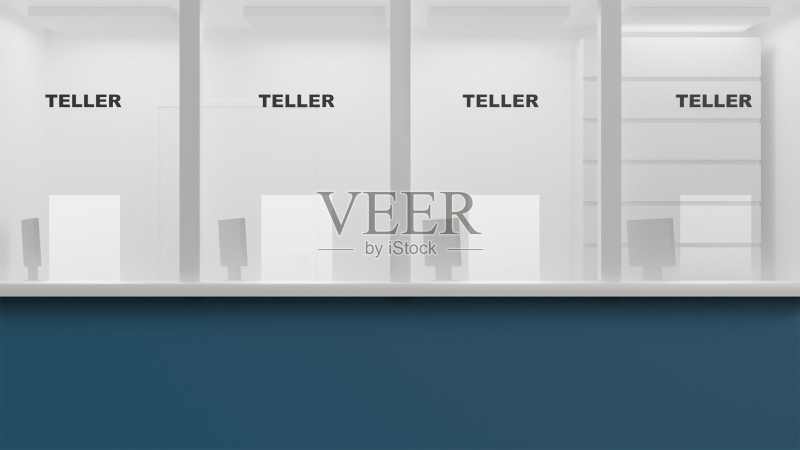 银行现金窗口配有显示器、白色隔断和蓝色柜台，主题为金融与运营、资本。照片摄影图片