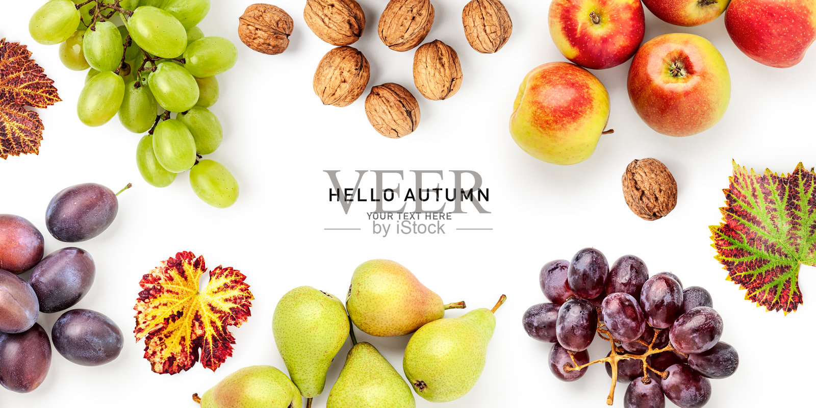 新鲜秋季水果平铺框架摄影，背景为白色照片摄影图片