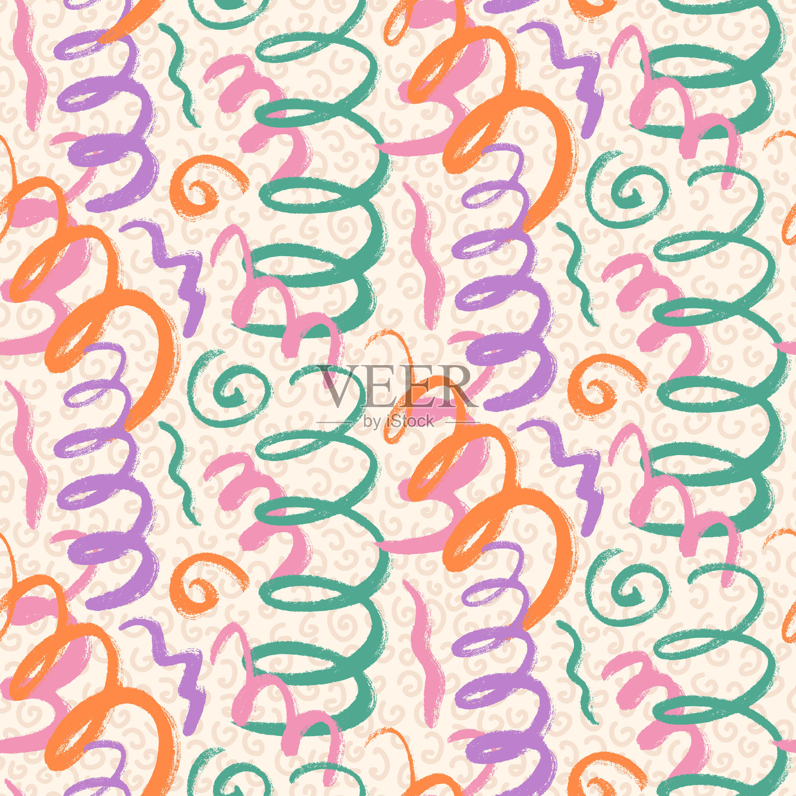 涂鸦彩带五彩纸屑无缝图案。手绘派对无尽背景。趣味彩屑蜡笔重复封面。表面图案设计周年纪念主题。矢量手绘生日插图。插画图片素材