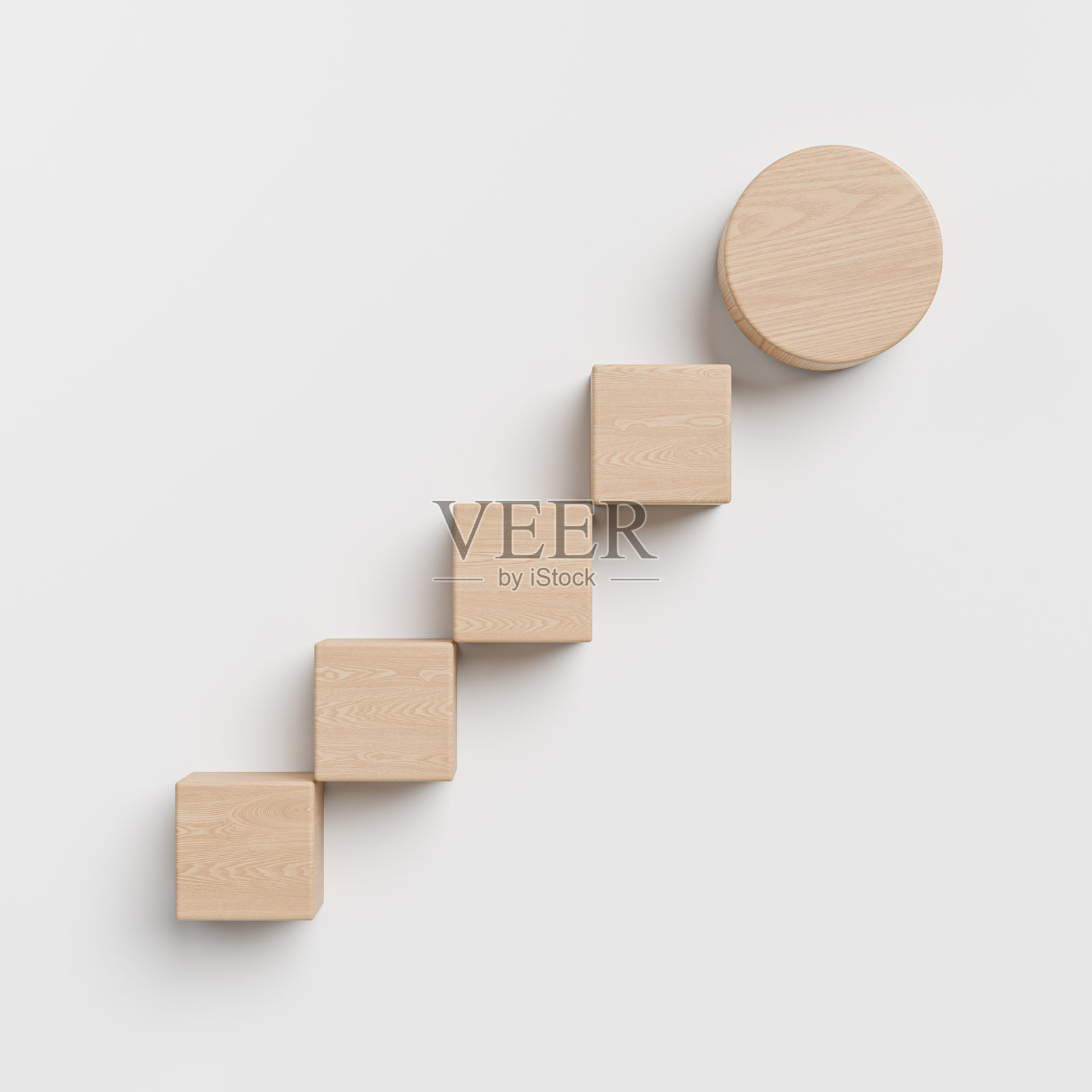 木块形成向上对角的阶梯，最终在白色背景上的一个圆圈，象征着成长和转变的概念模型设计。3D渲染。照片摄影图片