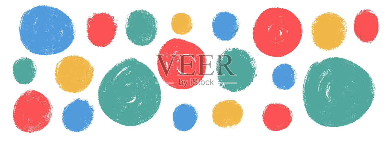 圆形彩色装饰套装。波点蜡笔笔记形状包。矢量手绘儿童圆形文本框图形集合插图，背景为白色。插画图片素材