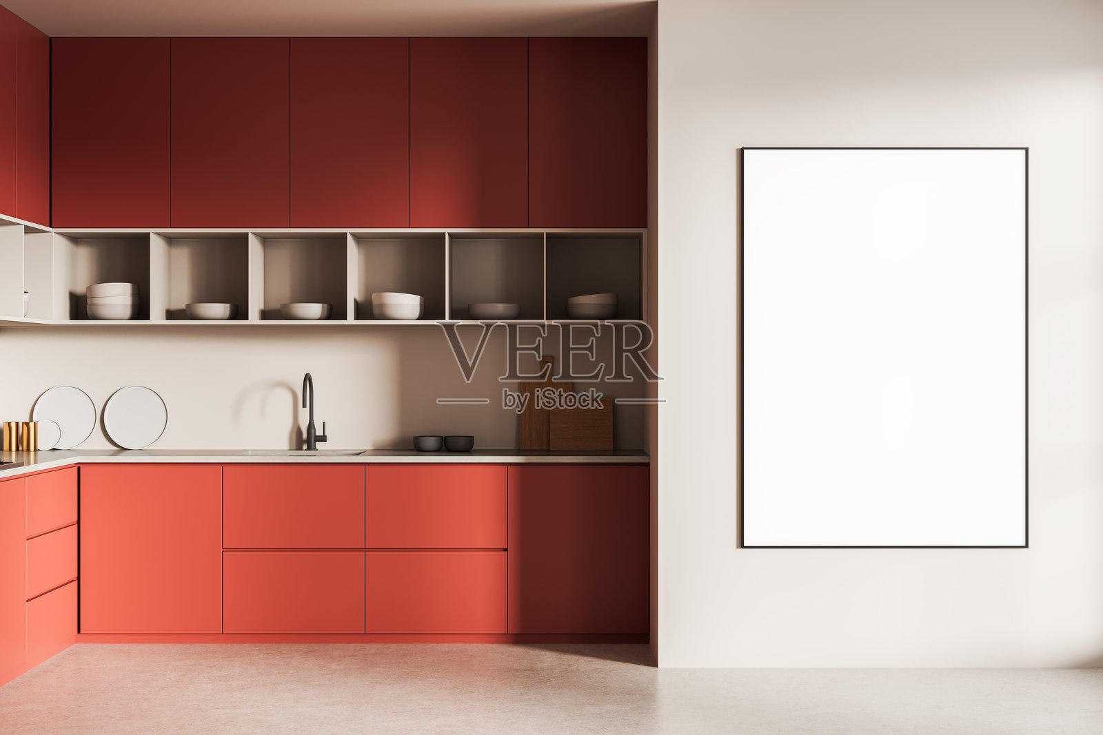 现代红色厨房室内，墙上挂有简约的模型框架，清晨的自然光照射下，适合设计展示或品牌概念展示。3D渲染。照片摄影图片
