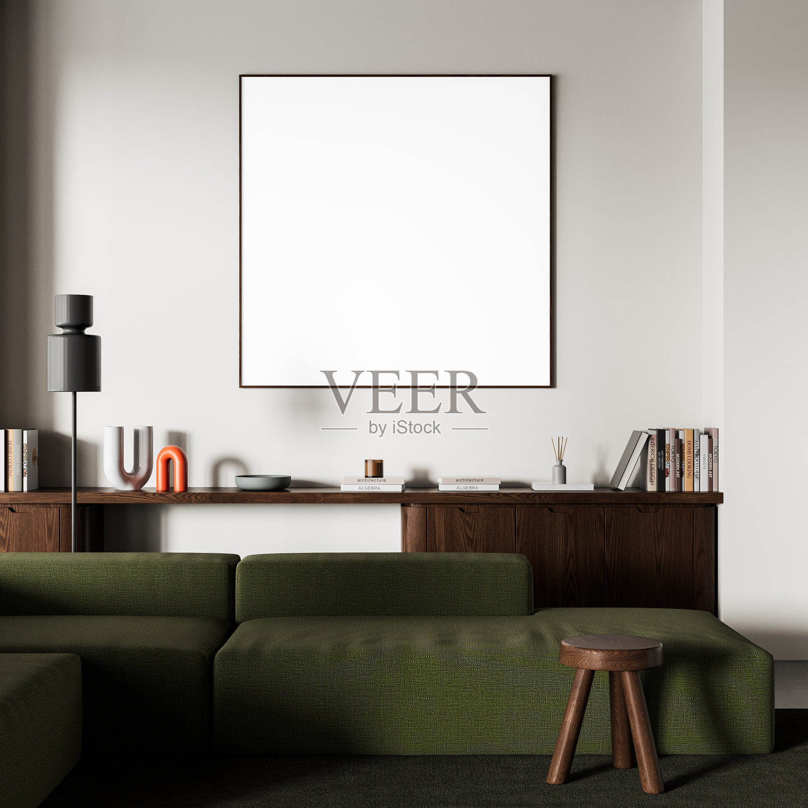 现代室内的空白海报模型，配有绿色沙发和木质家具，背景为浅色墙壁，适用于艺术作品或设计模板展示。3D渲染。照片摄影图片