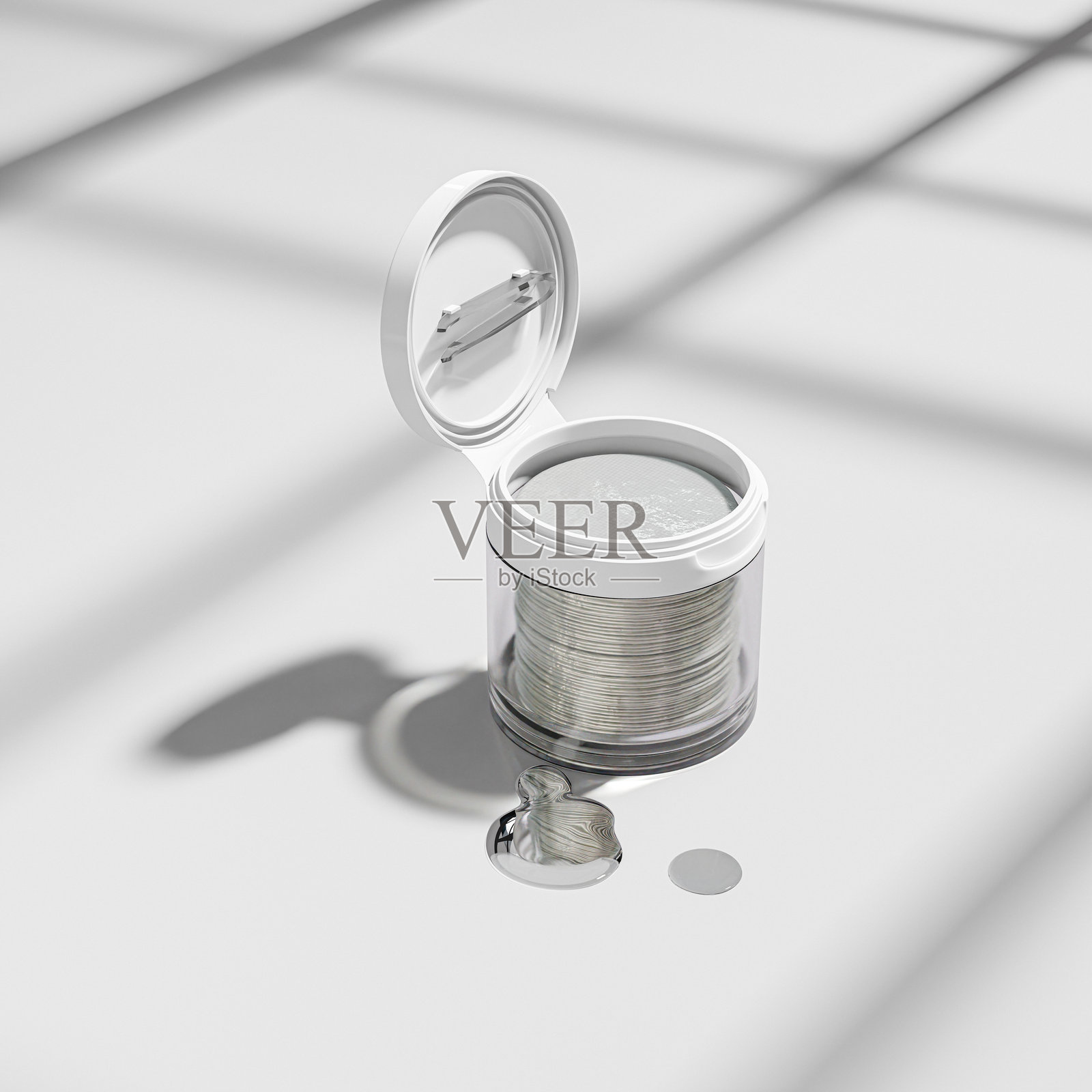 透明塑料护肤罐与镊子模型，预浸面部爽肤水棉垫包装，宽口奶油罐配白色翻盖，浸泡爽肤水棉垫容器，韩国美容护肤产品照片摄影图片