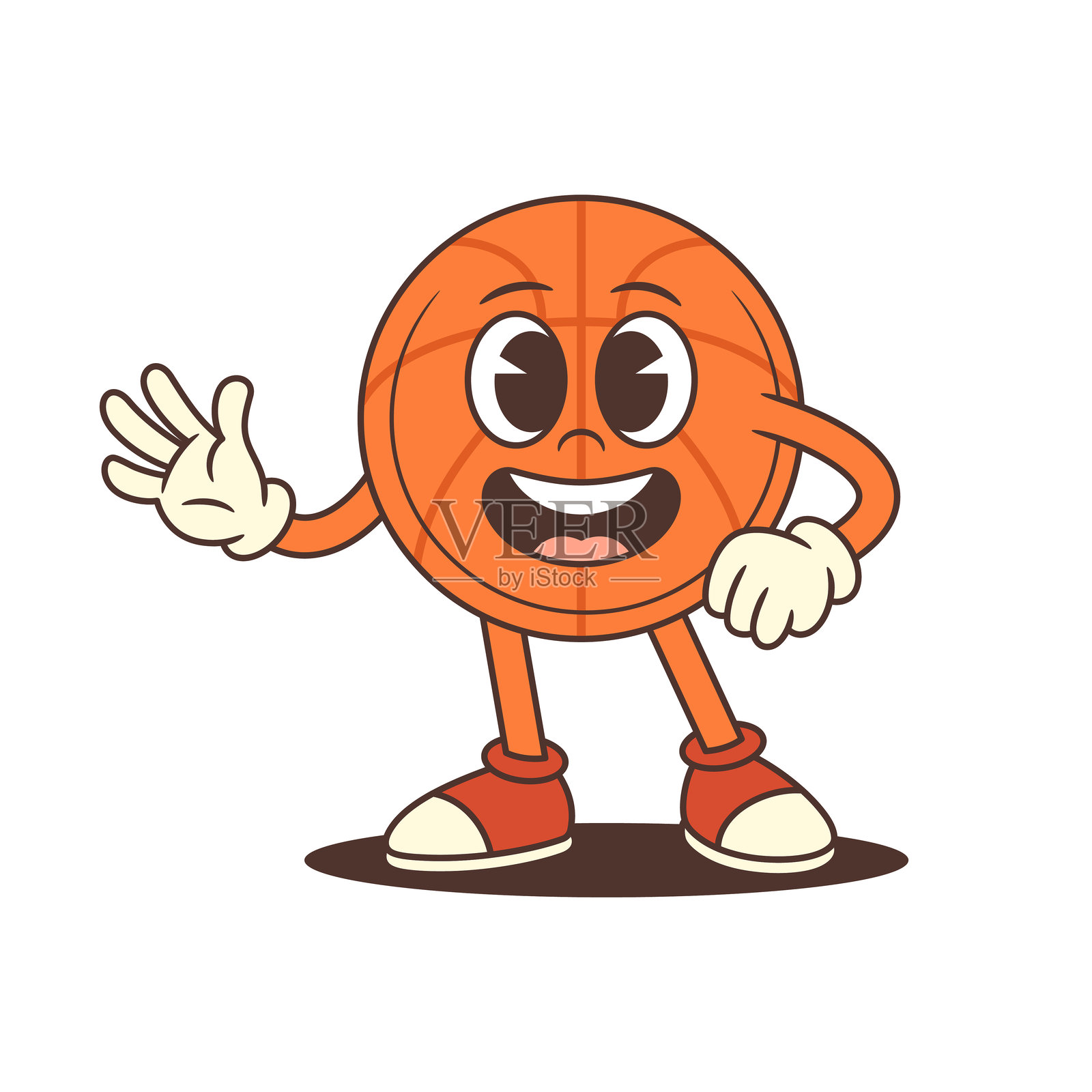 微笑的篮球吉祥物，挥手并摆出自信的复古姿势，矢量插图插画图片素材