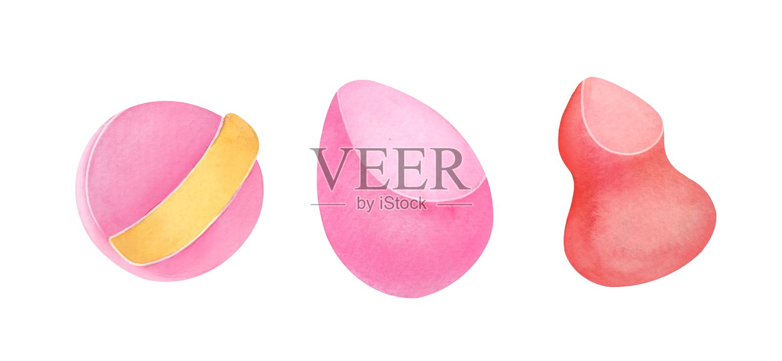 粉色蛋形化妆海绵，美妆红色混合器，粉扑套装插画图片素材