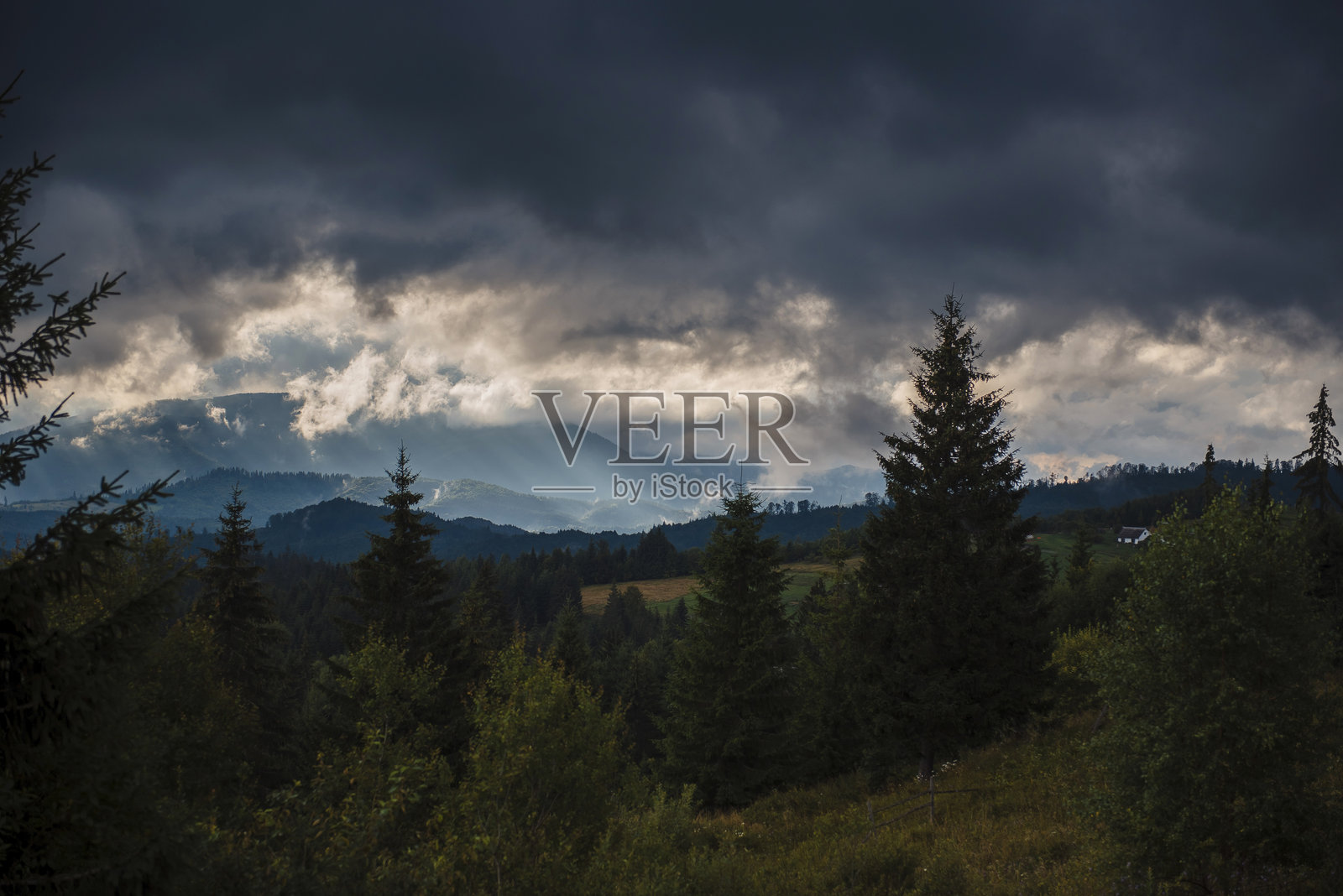 森林山地景观上空的戏剧性天空照片摄影图片
