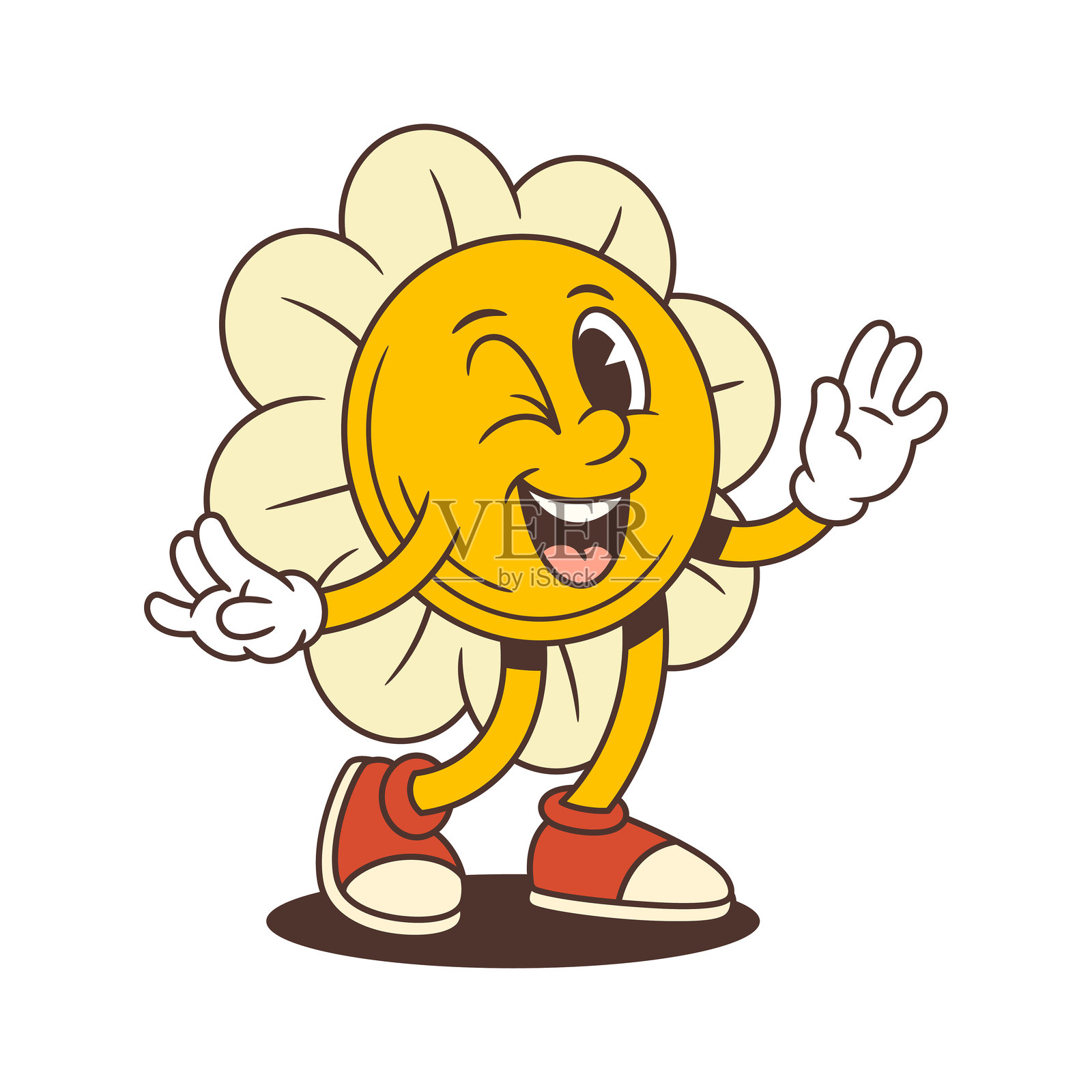 顽皮的花朵角色眨眼并做出和平手势，单腿站立，表现出愉快的姿势，矢量插图插画图片素材