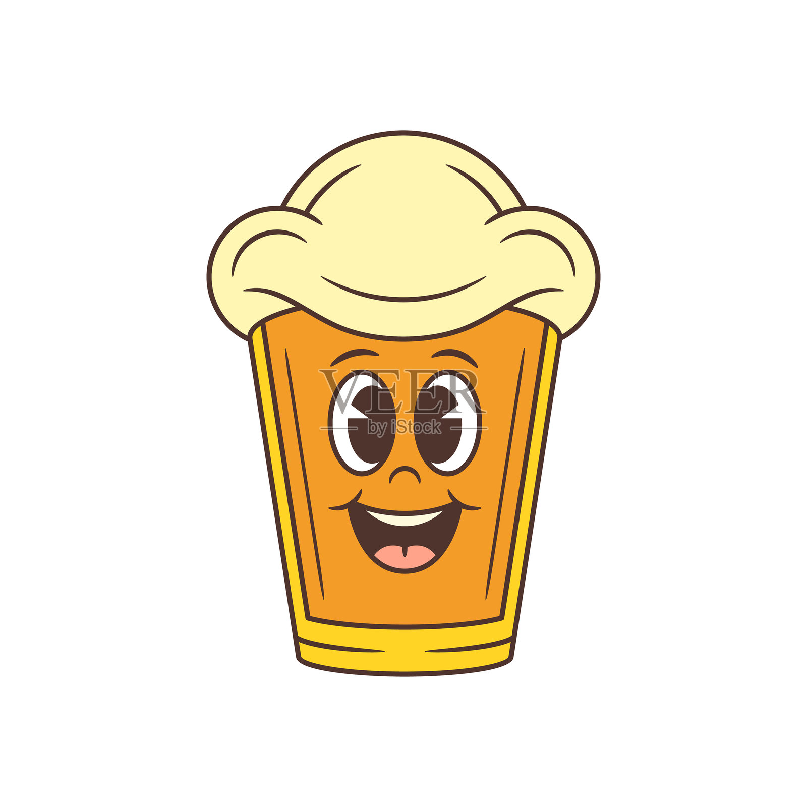 快乐的黄色啤酒杯吉祥物，泡沫头微笑着直视观众，矢量插图插画图片素材